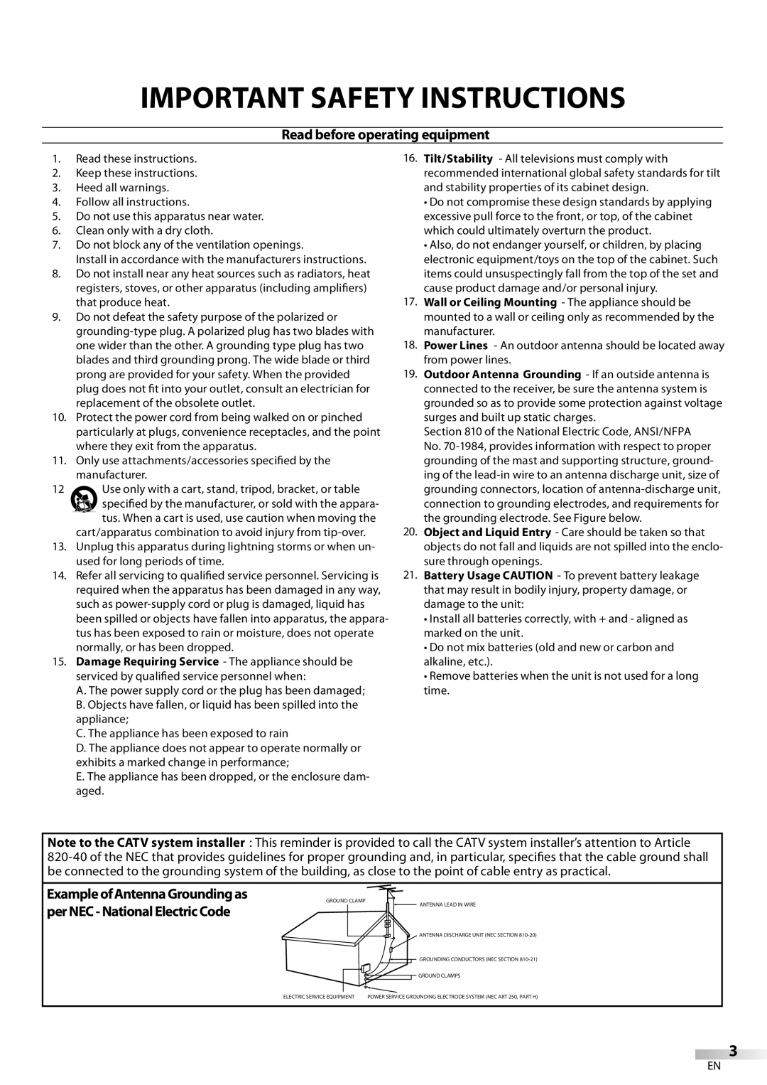 Magnavox 32MD359B user manual Important Safety Instructions, Read before operating equipment 