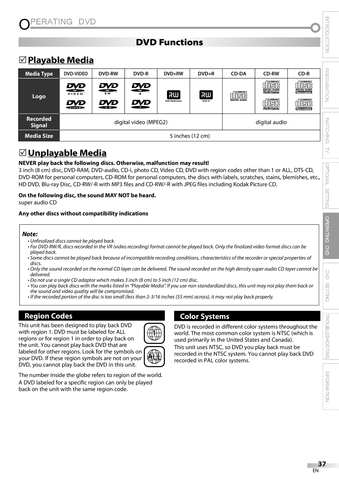 Magnavox 32MD359B user manual Operating DVD, DVD Functions 5Playable Media, 5Unplayable Media, Inches 12 cm 