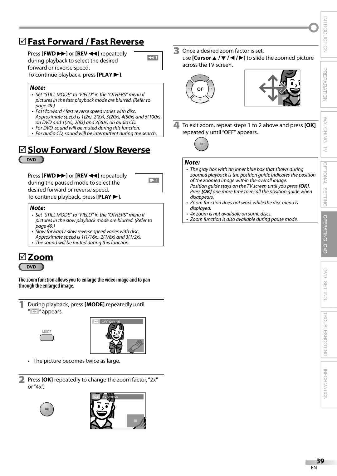 Magnavox 32MD359B user manual 5Fast Forward / Fast Reverse, 5Slow Forward / Slow Reverse, Zoom 