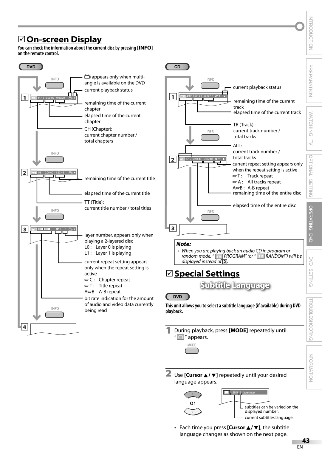 Magnavox 32MD359B user manual 5On-screen Display, 5Special Settings, Subtitle Language, Current playback status 