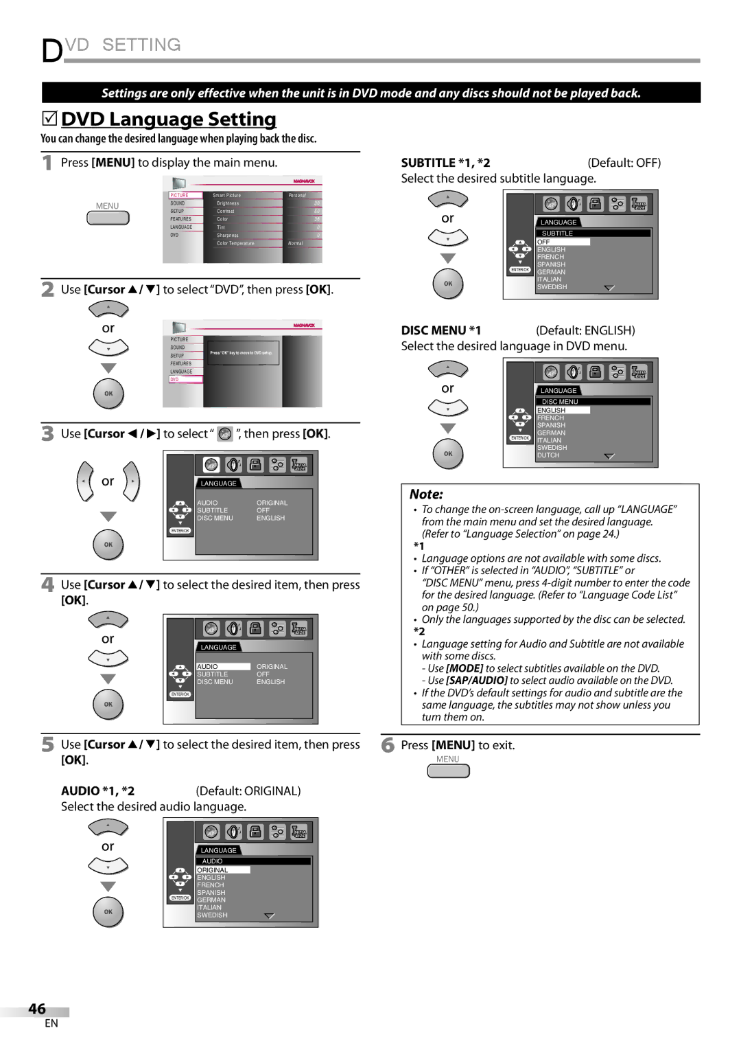 Magnavox 32MD359B user manual DVD Setting, 5DVD Language Setting, Subtitle *1, *2Default OFF 