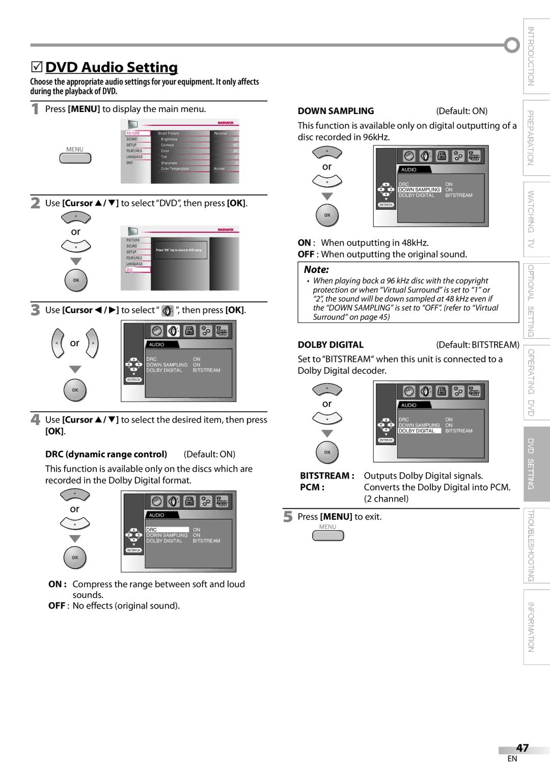 Magnavox 32MD359B user manual 5DVD Audio Setting, Default on, Down Sampling is set to OFF. refer to Virtual Surround on 