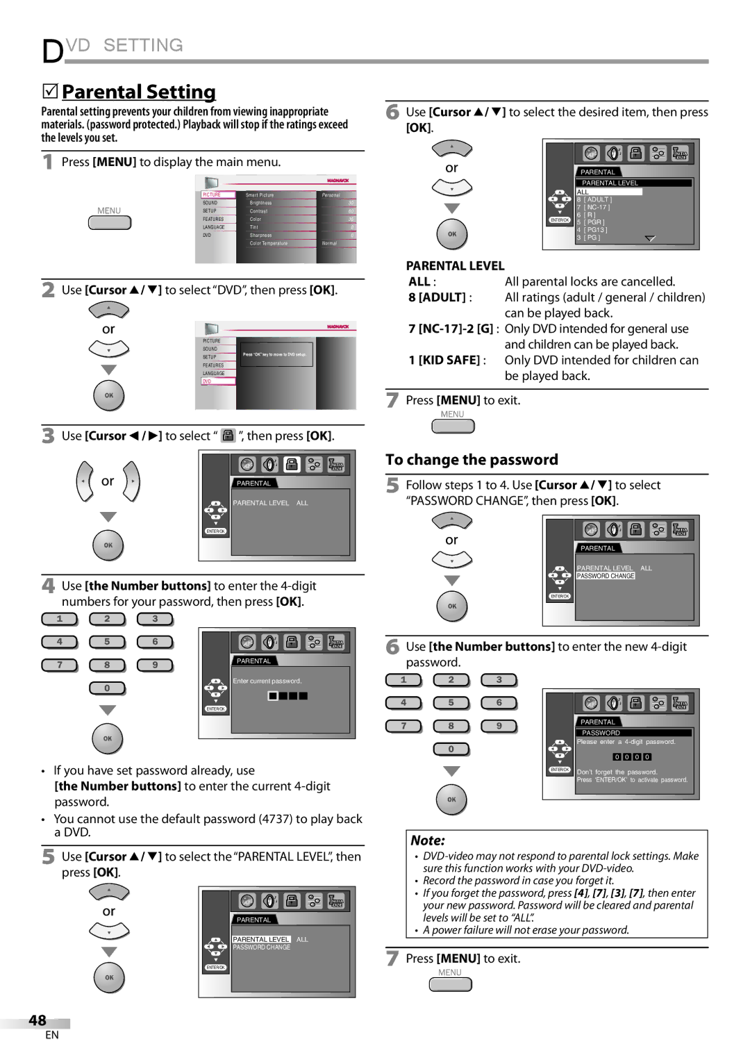 Magnavox 32MD359B user manual 5Parental Setting, If you have set password already, use, Parental Level 