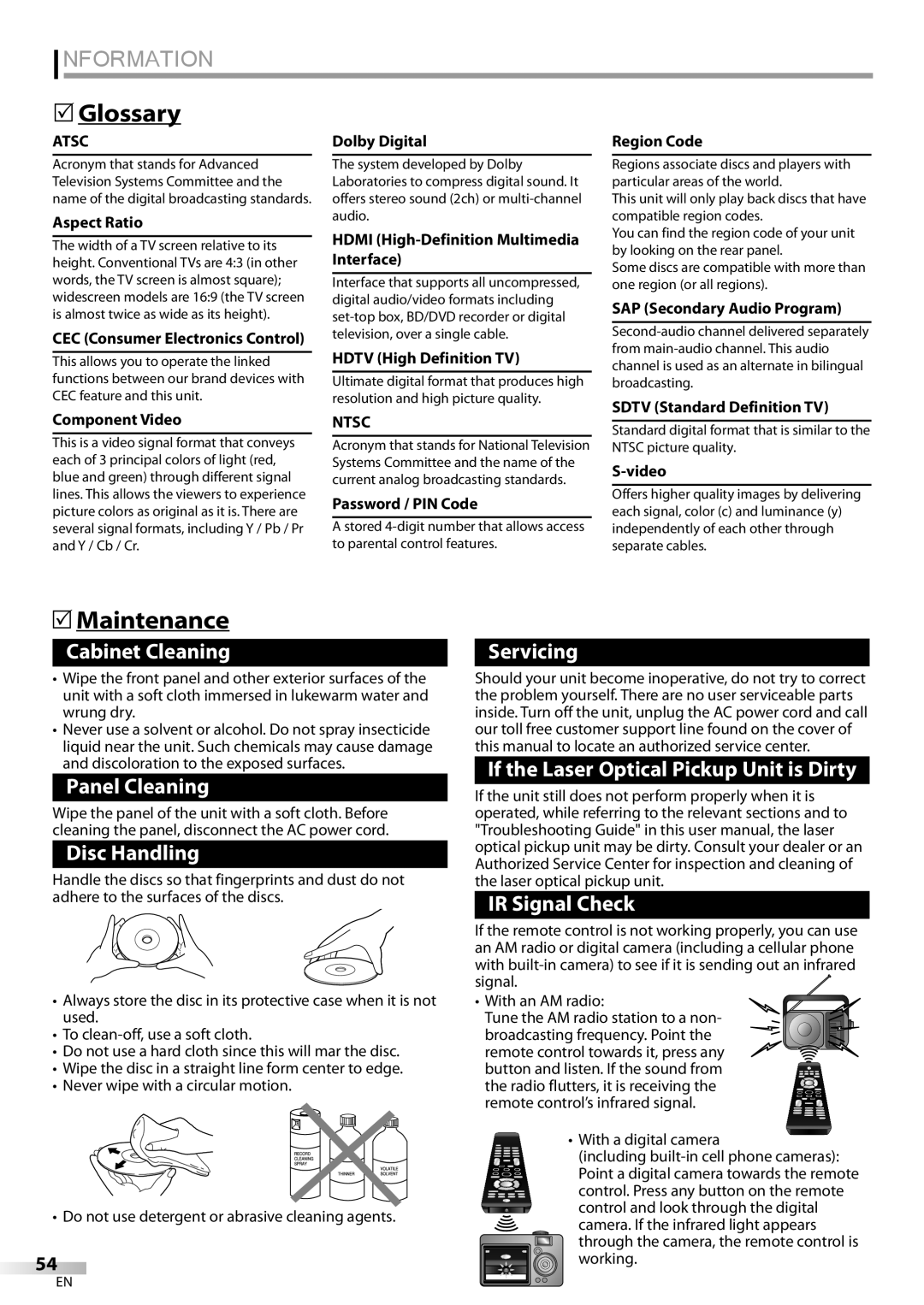 Magnavox 32MD359B user manual Information, Glossary, Maintenance, Ntsc 