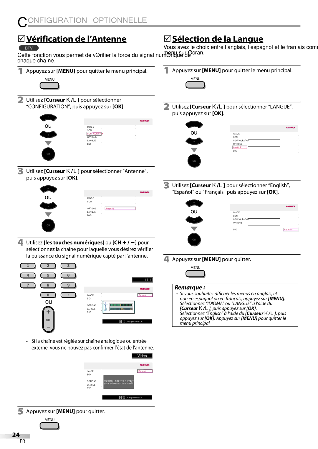 Magnavox 32MD359B user manual 5Vérification de l’Antenne, 5Sélection de la Langue 
