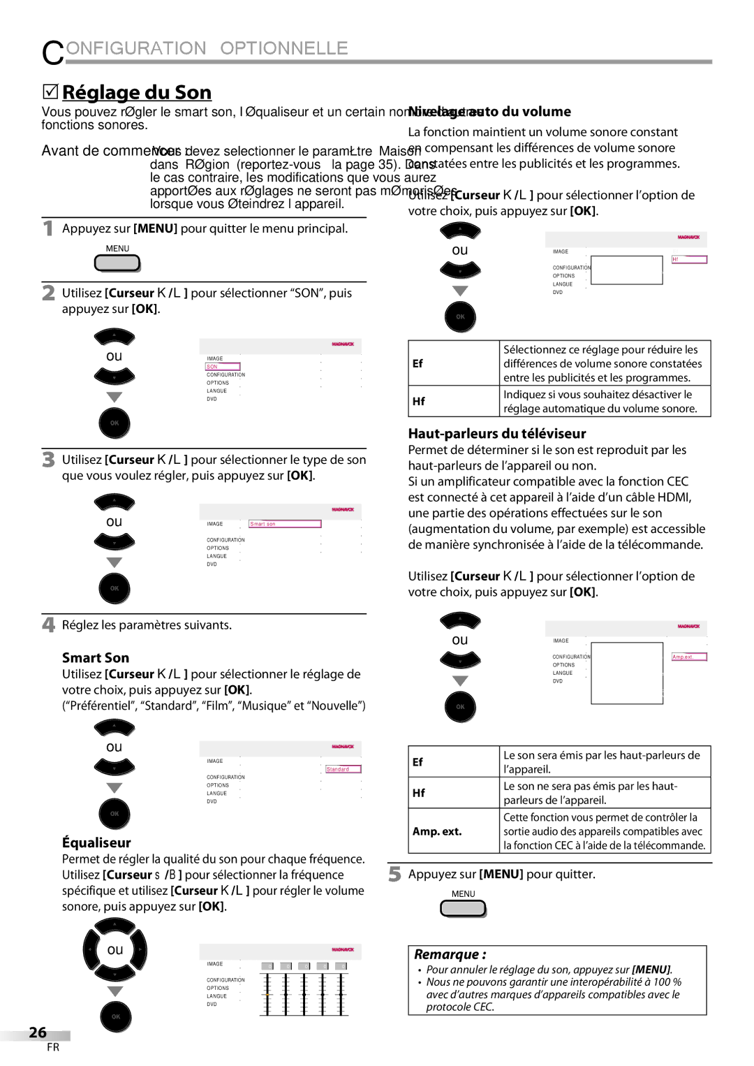 Magnavox 32MD359B user manual 5Réglage du Son, Nivelage auto du volume, Smart Son, Équaliseur, Haut-parleurs du téléviseur 