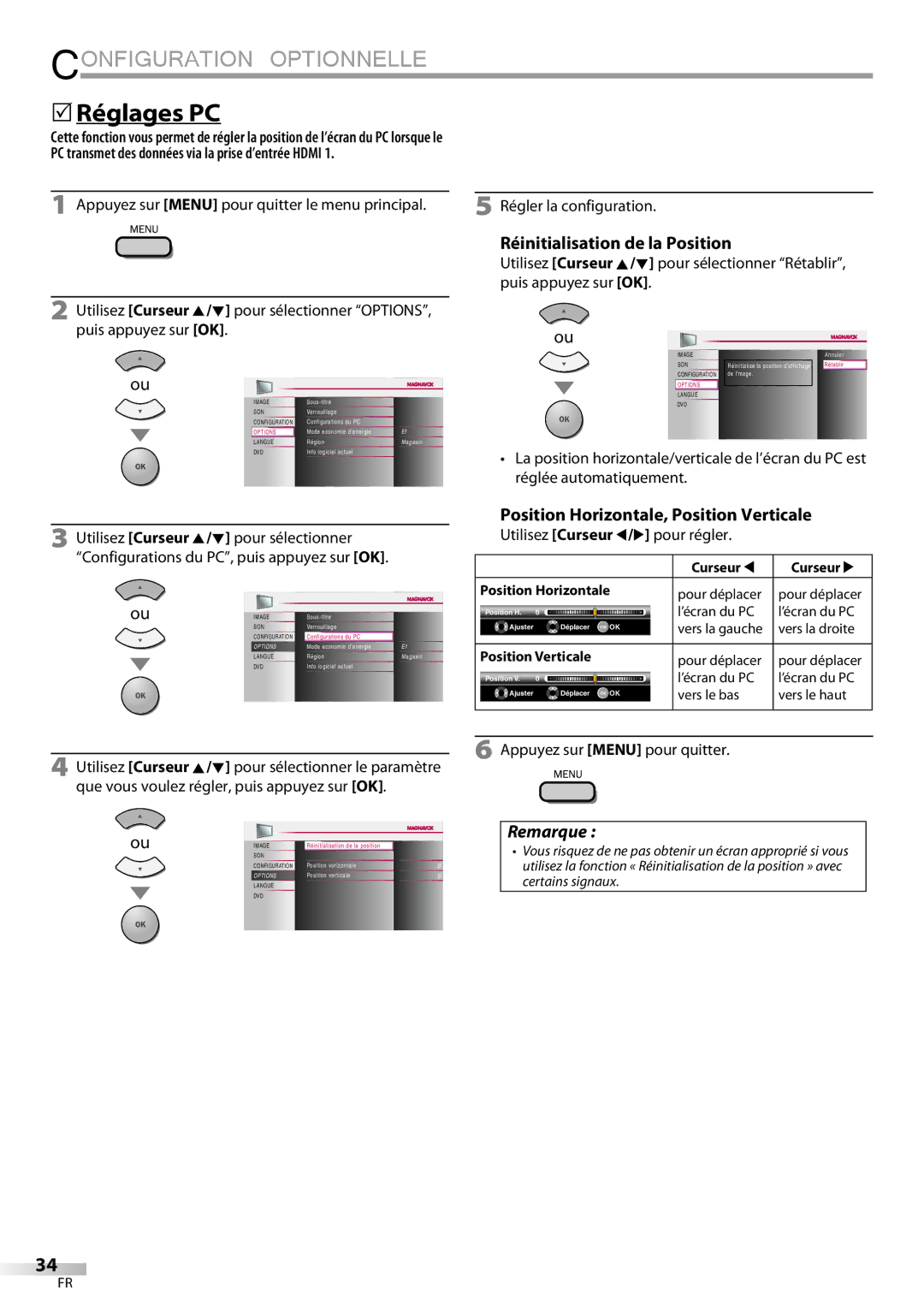 Magnavox 32MD359B user manual 5Réglages PC, Réinitialisation de la Position, Position Horizontale, Position Verticale 