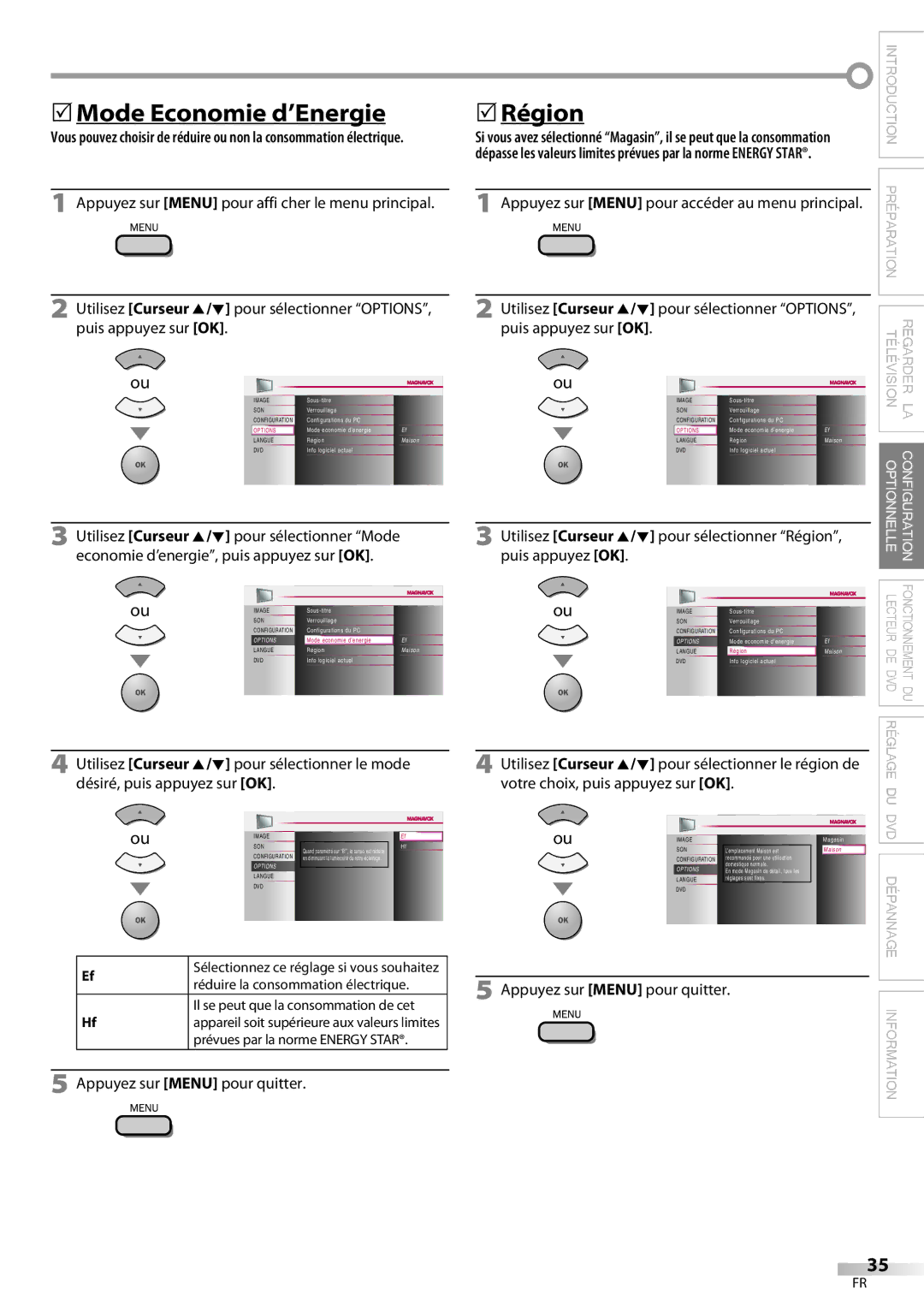 Magnavox 32MD359B user manual 5Mode Economie d’Energie, 5Région, Réduire la consommation électrique 