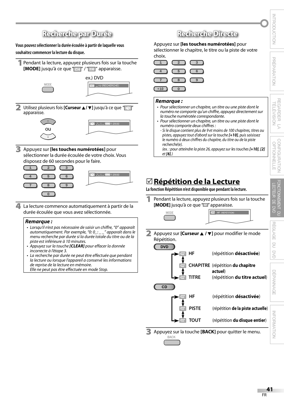 Magnavox 32MD359B user manual Recherche par Durée, Recherche Directe, 5Répétition de la Lecture 