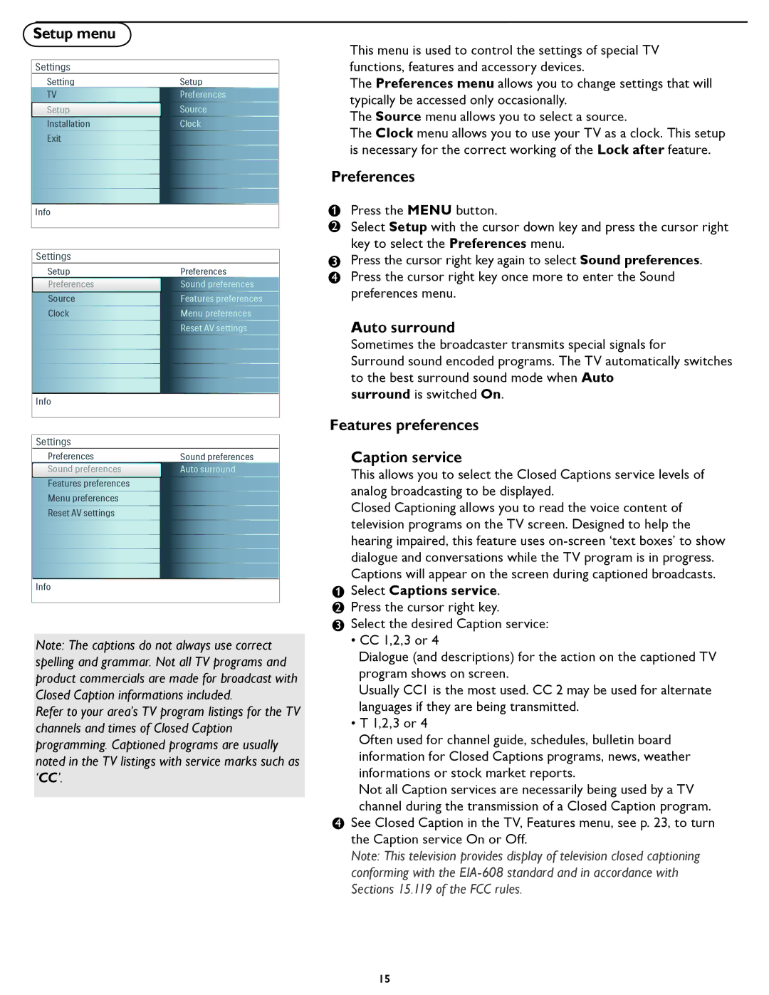 Magnavox 32MF231D user manual Preferences, Auto surround, Features preferences Caption service, Select Captions service 