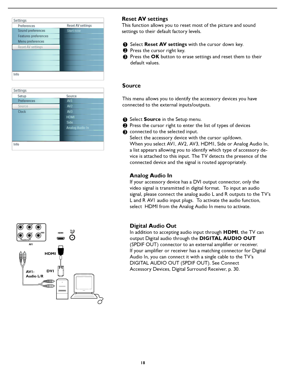 Magnavox 32MF231D user manual Reset AV settings, Source, Analog Audio, Digital Audio Out 