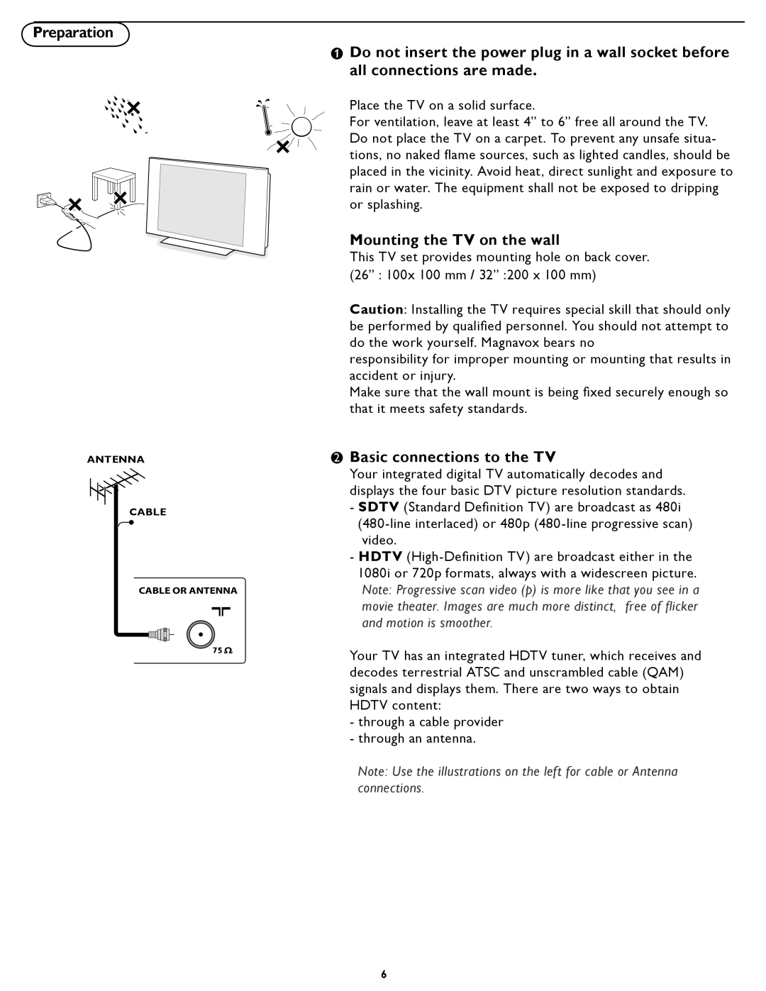 Magnavox 32MF231D user manual Preparation, Mounting the TV on the wall, Basic connections to the TV 