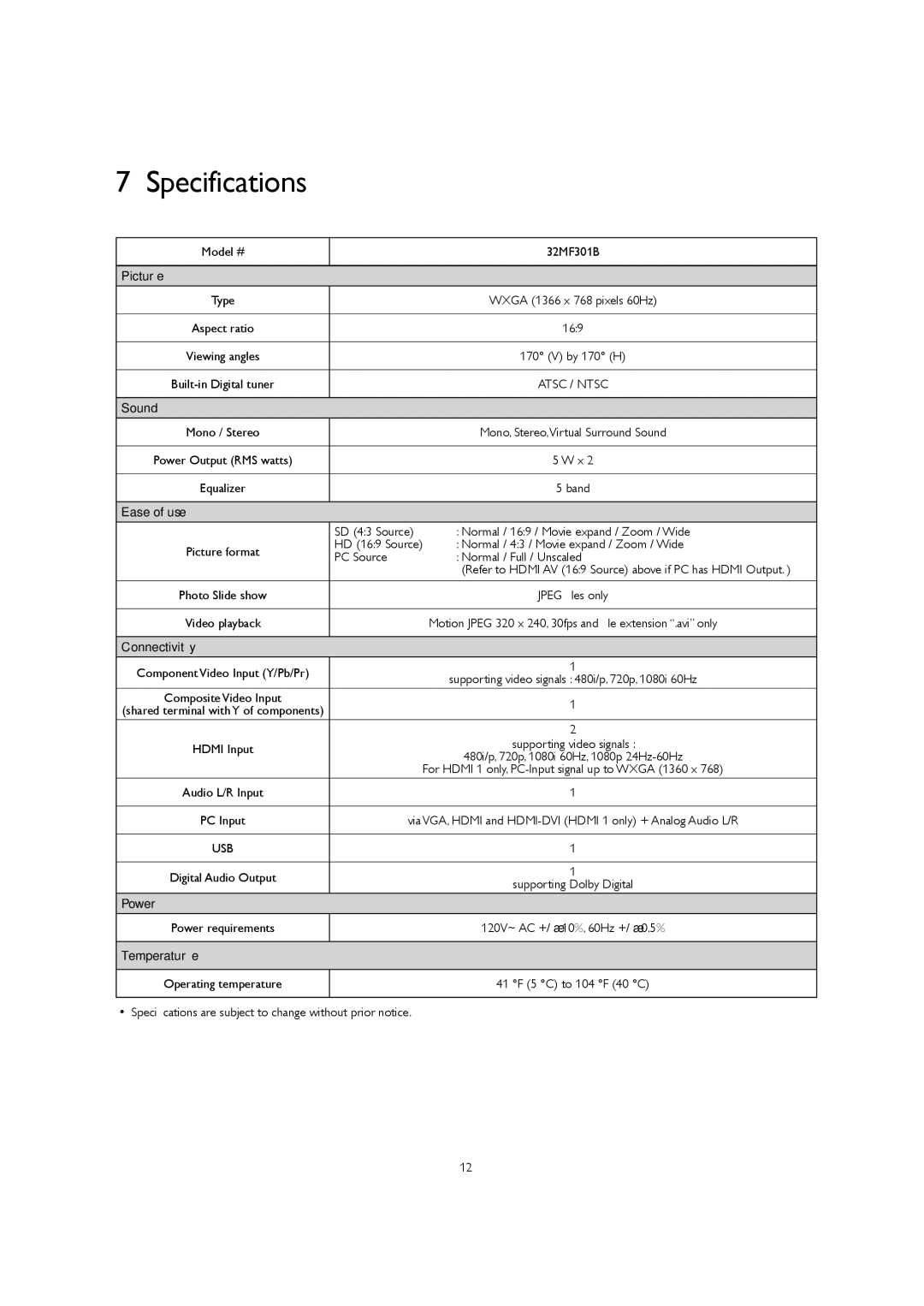 Magnavox 32MF301B owner manual Specifications 