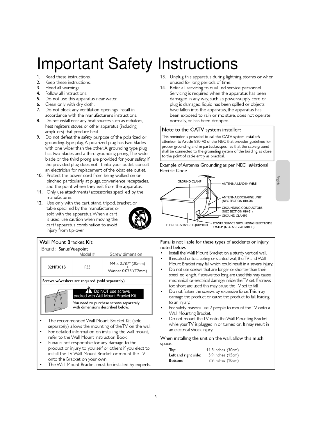 Magnavox 32MF301B owner manual Brand Sanus Vuepoint, Recommended Wall Mount Bracket Kit sold 