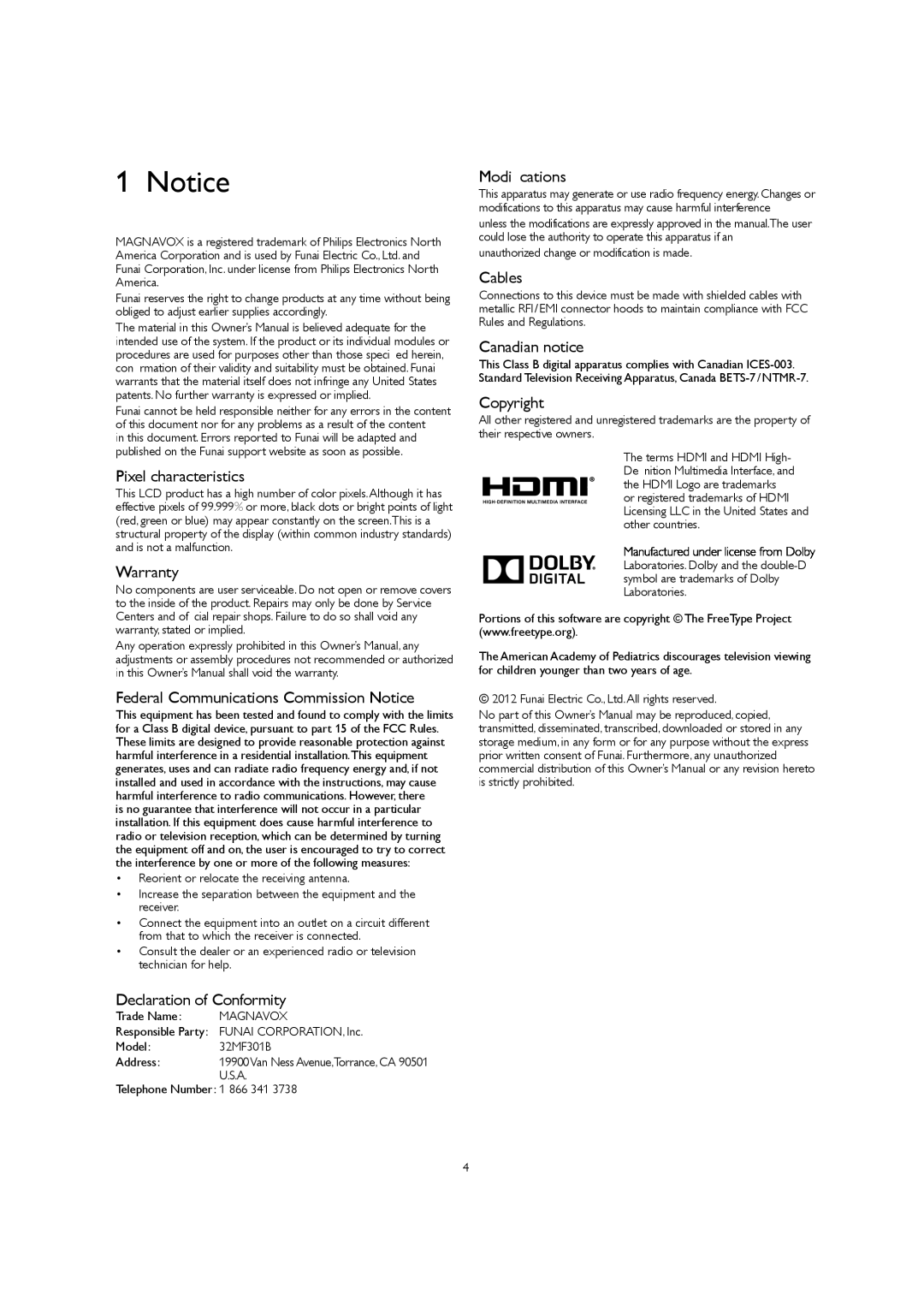 Magnavox 32MF301B Pixel characteristics, Warranty, Federal Communications Commission Notice, Declaration of Conformity 