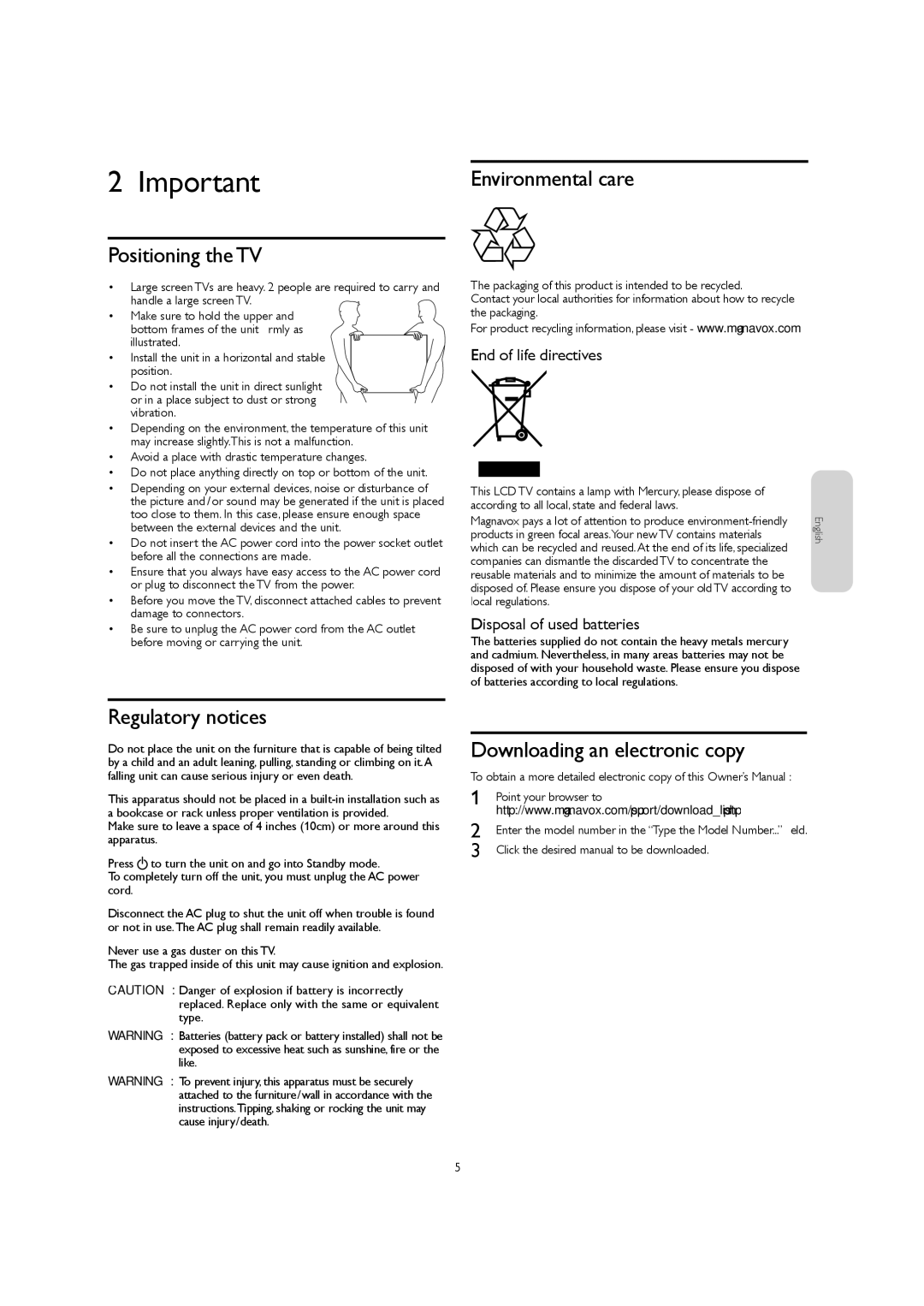 Magnavox 32MF301B owner manual Positioning the TV, Environmental care, Regulatory notices, Downloading an electronic copy 