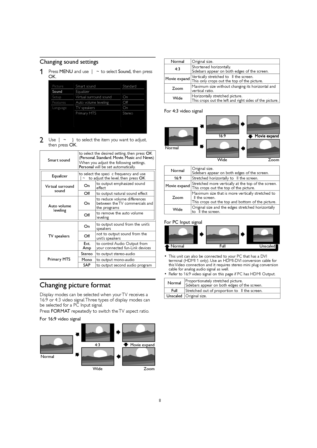 Magnavox 32MF301B owner manual Changing picture format, Changing sound settings, For 43 video signal, For 169 video signal 