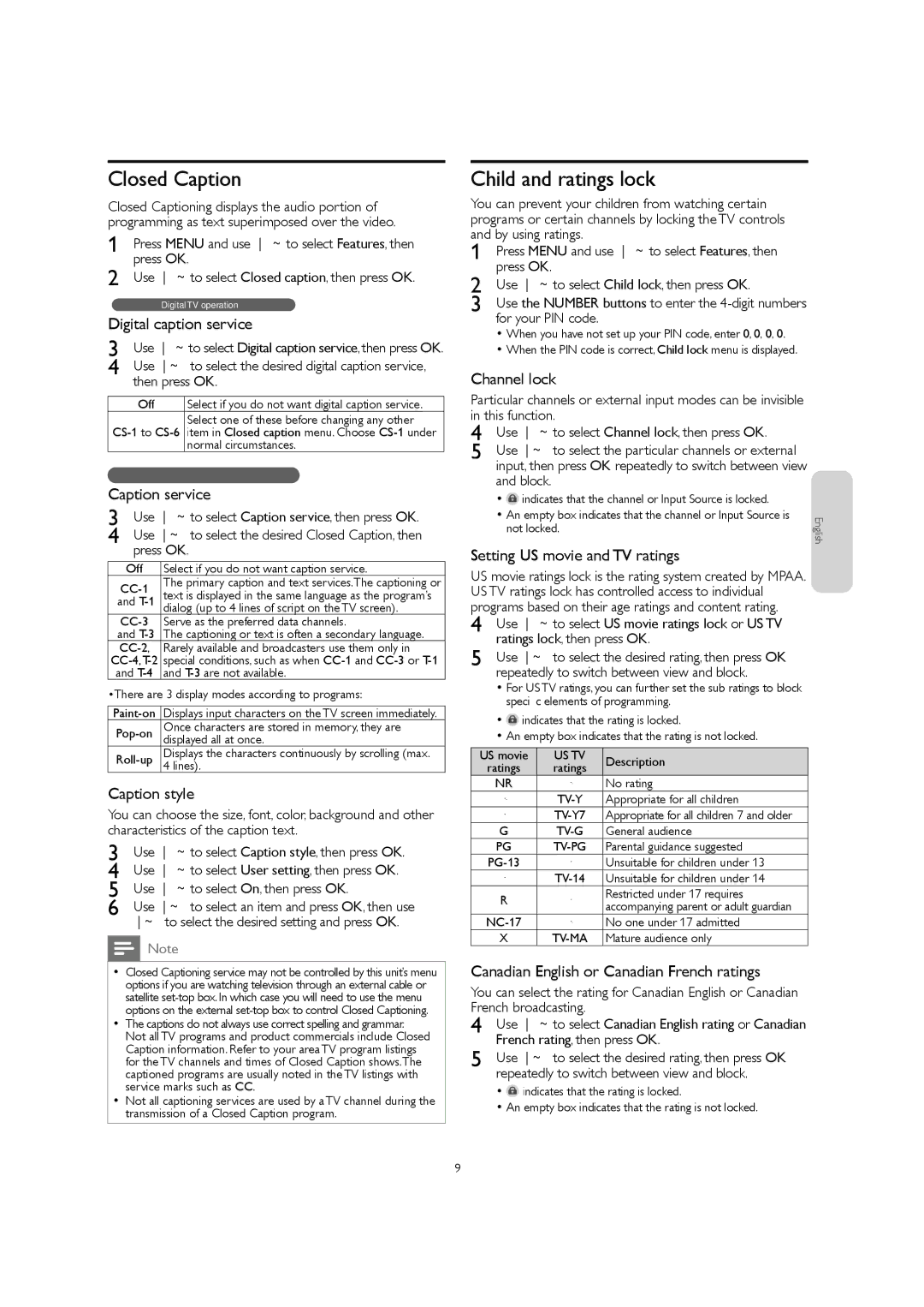 Magnavox 32MF301B owner manual Closed Caption, Child and ratings lock 