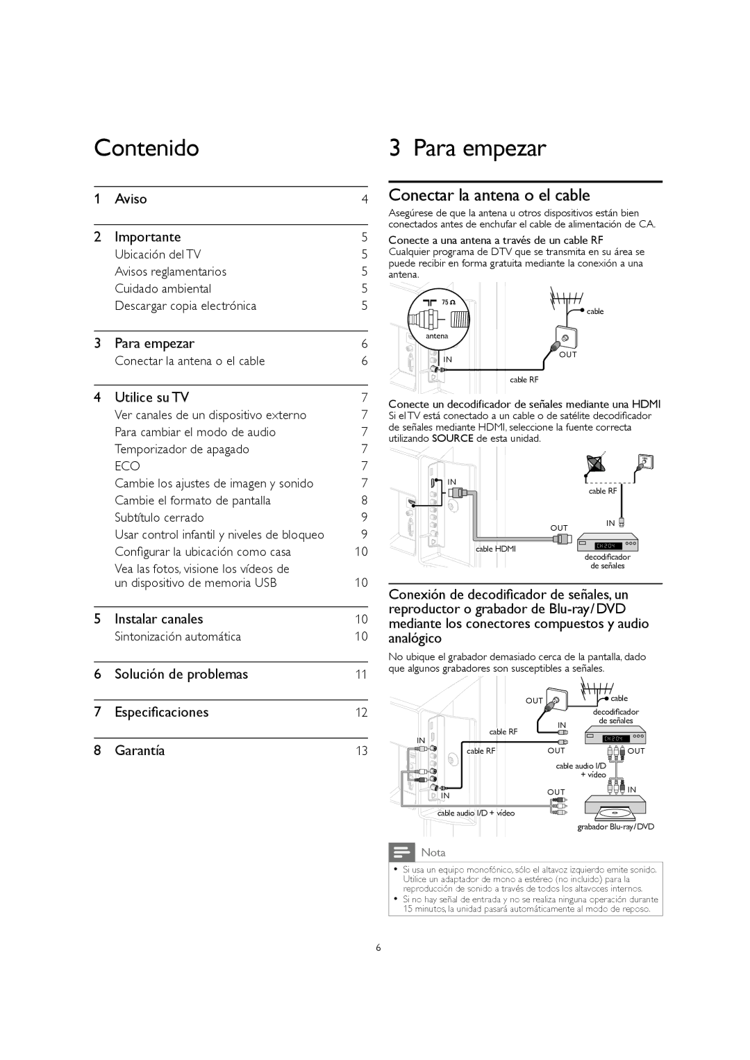 Magnavox 32MF301B owner manual Contenido, Conectar la antena o el cable 