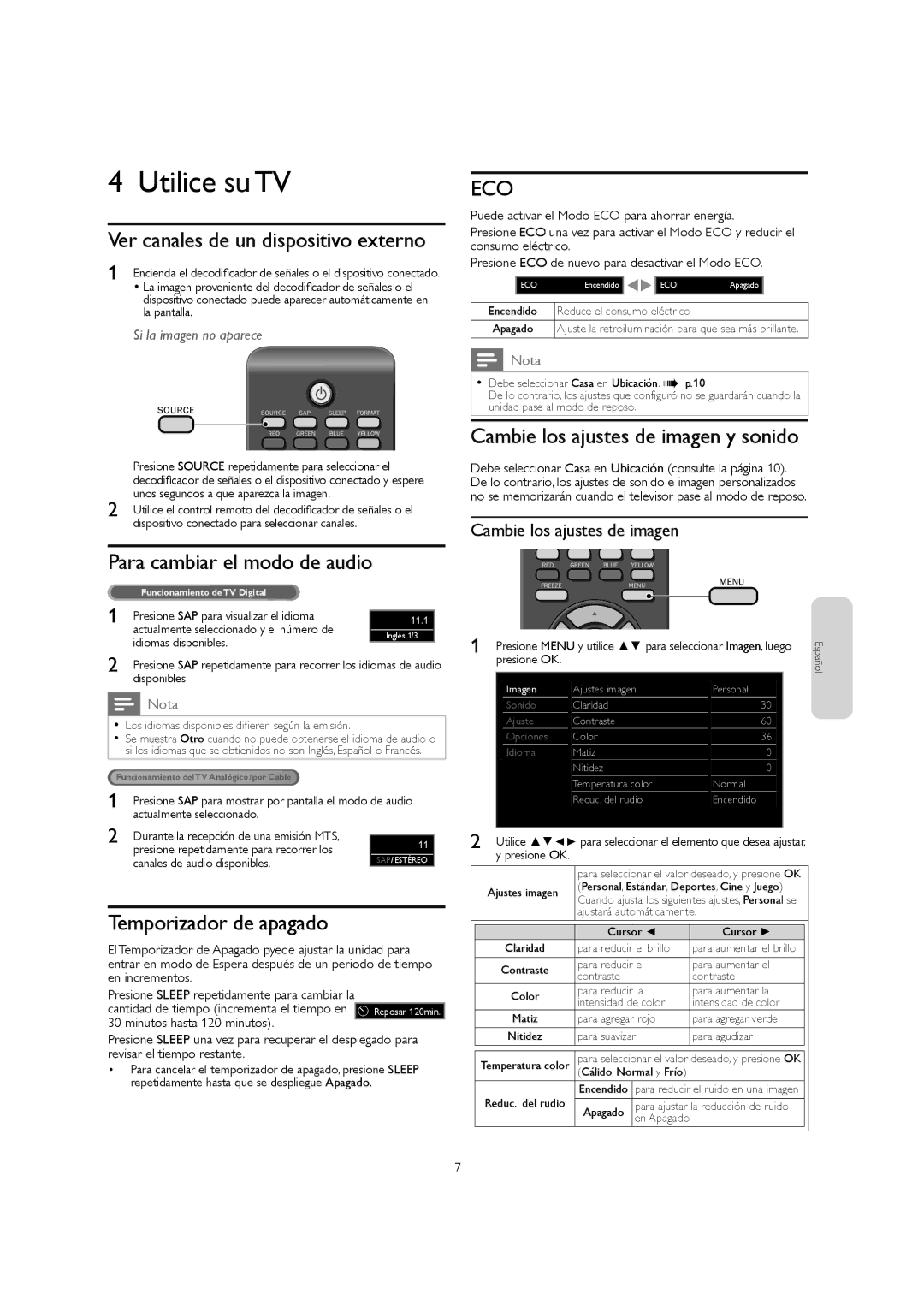 Magnavox 32MF301B owner manual Utilice su TV, Ver canales de un dispositivo externo, Para cambiar el modo de audio 