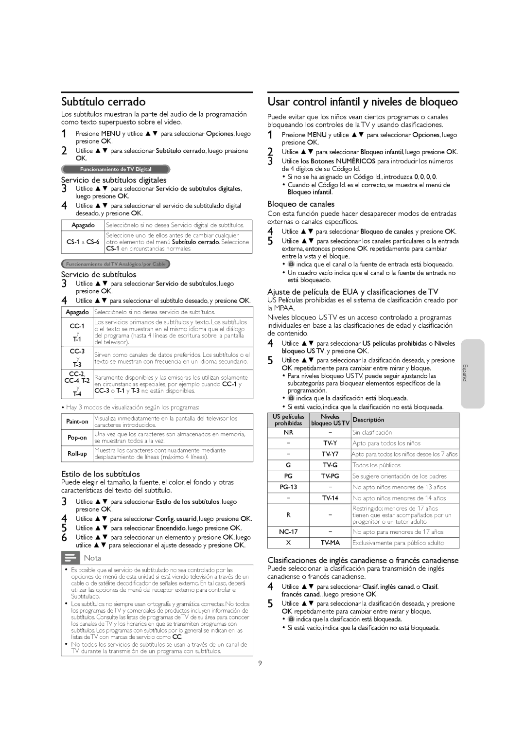 Magnavox 32MF301B owner manual Subtítulo cerrado, Usar control infantil y niveles de bloqueo 