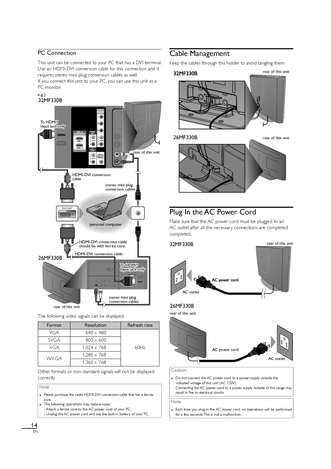 Magnavox 32MF330B, 26MF330B owner manual Cable Management, Plug In the AC Power Cord 