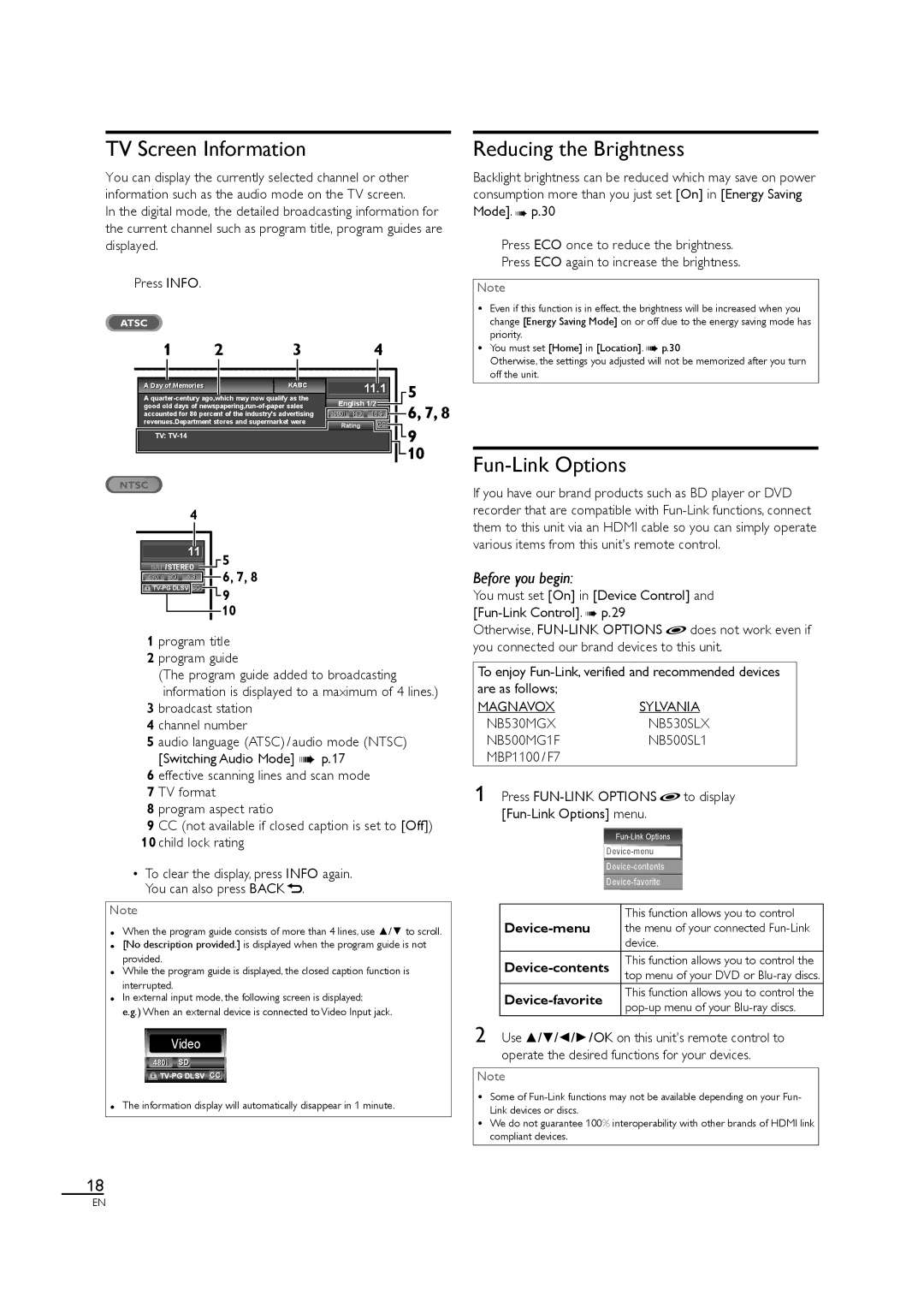 Magnavox 32MF330B TV Screen Information, Reducing the Brightness, Fun-Link Options, This function allows you to control 