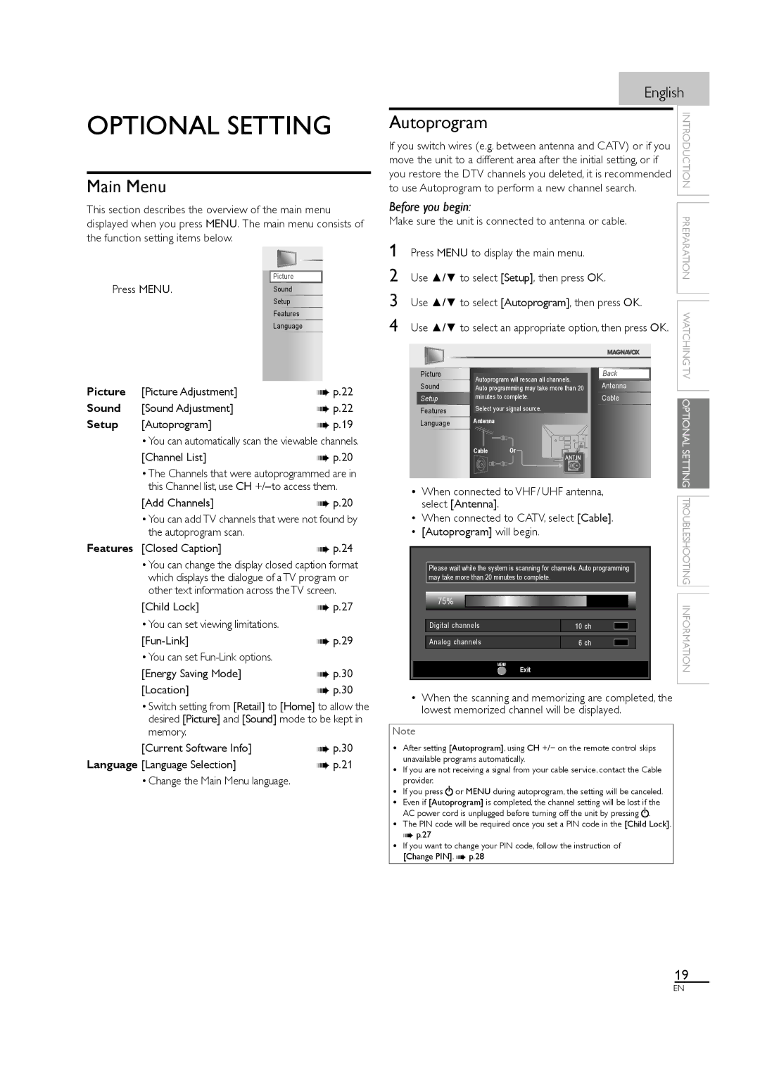 Magnavox 26MF330B, 32MF330B owner manual Optional Setting, Main Menu, Autoprogram 