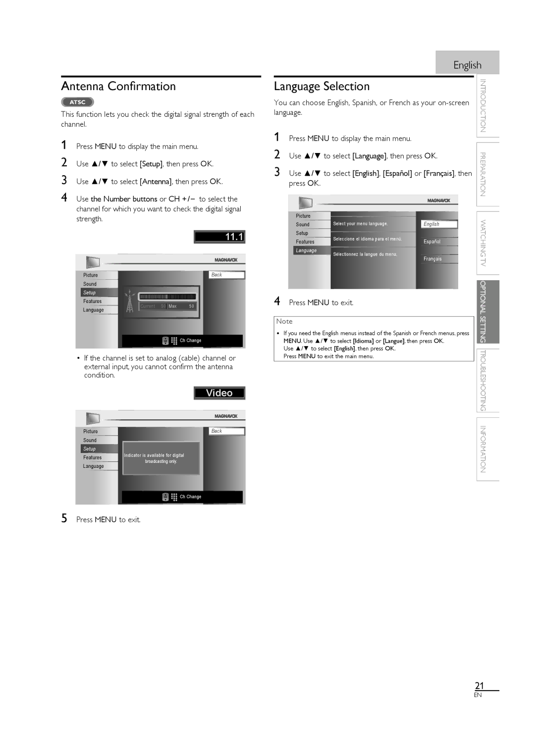 Magnavox 26MF330B, 32MF330B owner manual Antenna Conﬁrmation, Language Selection, Use / to select Language, then press OK 