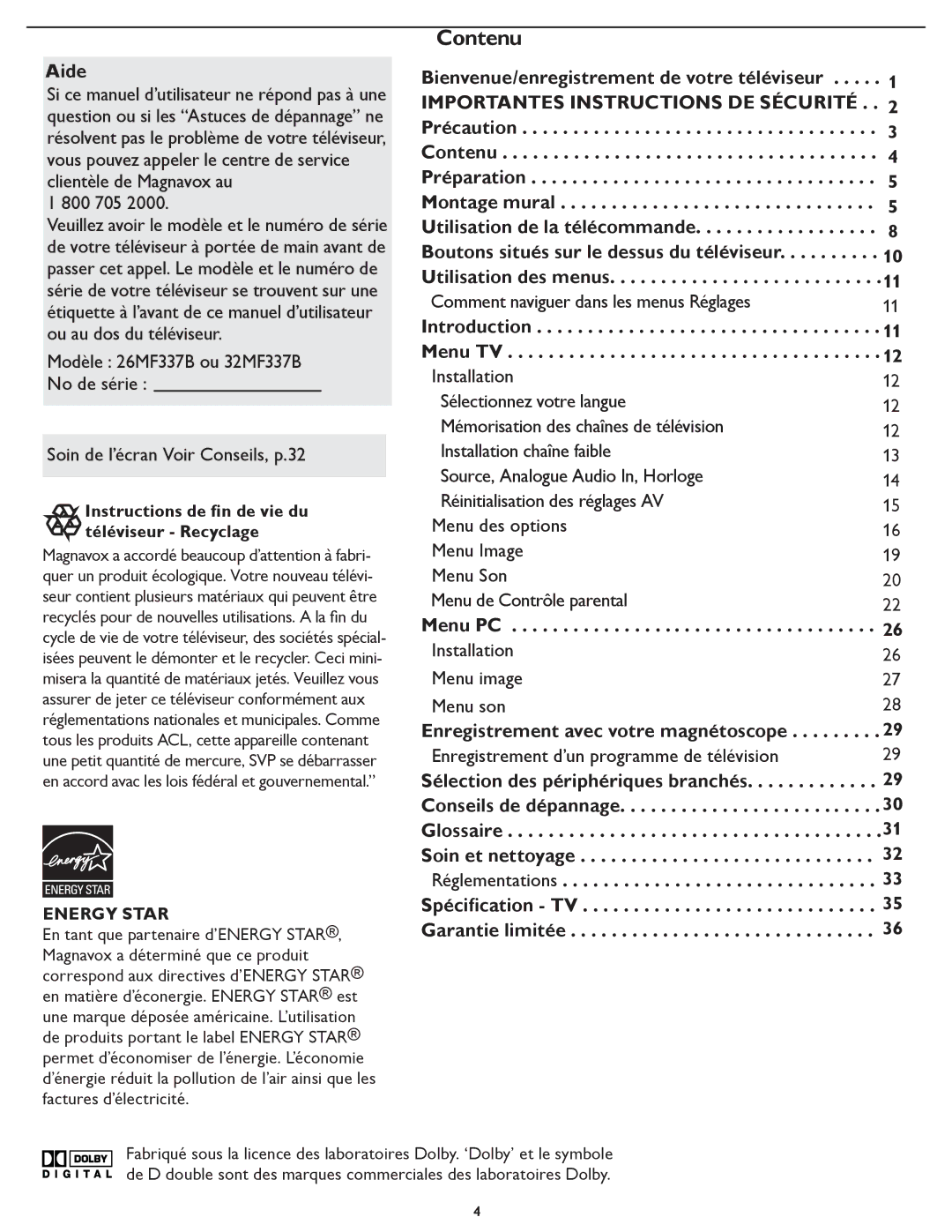 Magnavox 32MF337B user manual Aide, Bienvenue/enregistrement de votre téléviseur, Introduction Menu TV, Menu PC 