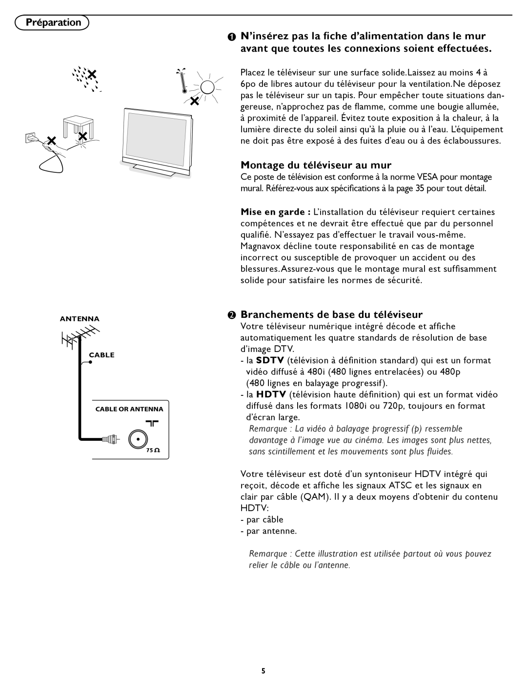 Magnavox 32MF337B user manual Montage du téléviseur au mur, Branchements de base du téléviseur 