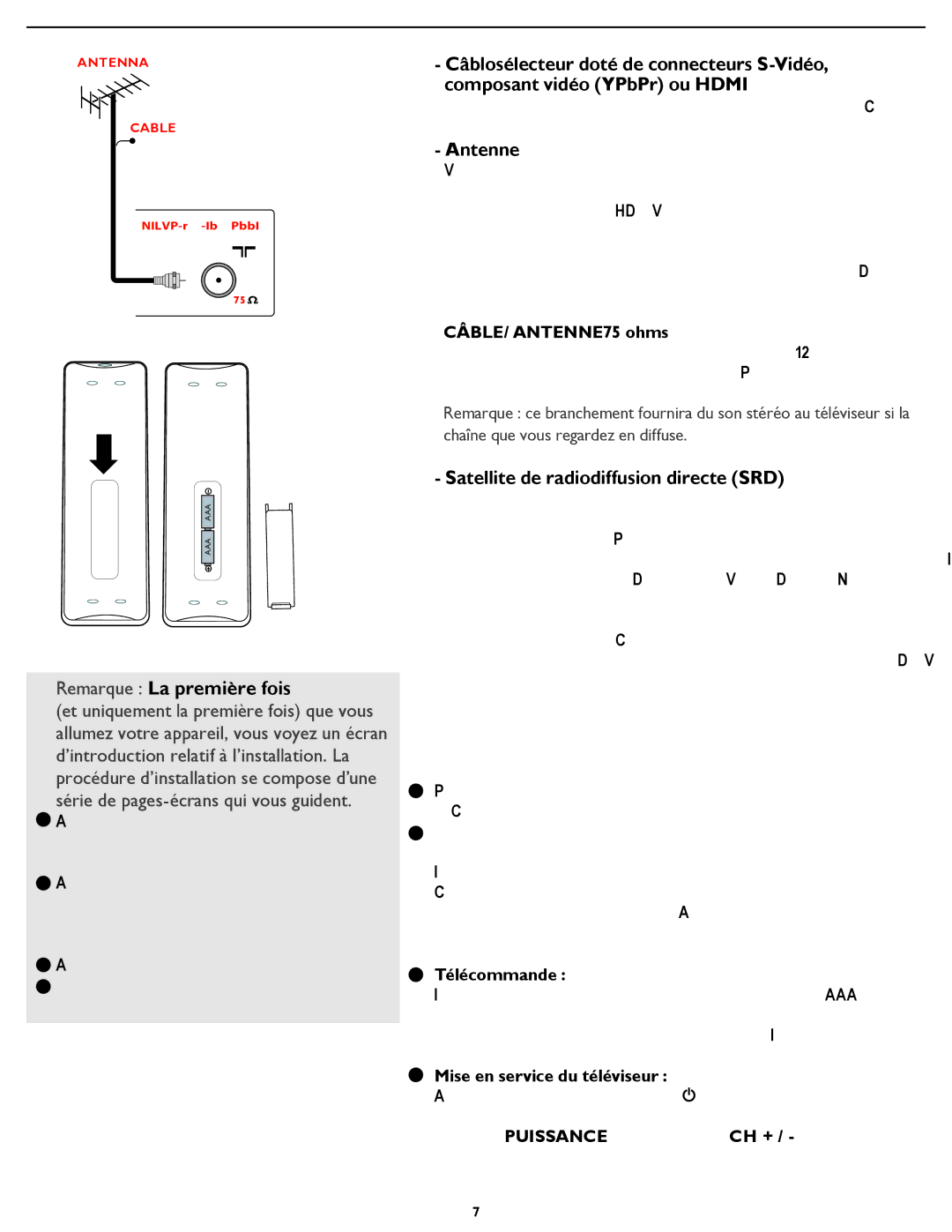 Magnavox 32MF337B user manual Remarque La première fois, Antenne, Satellite de radiodiffusion directe SRD, Télécommande 