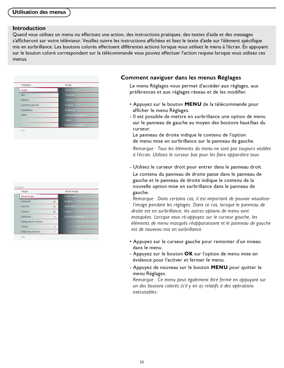 Magnavox 32MF337B user manual Utilisation des menus Introduction, Comment naviguer dans les menus Réglages 