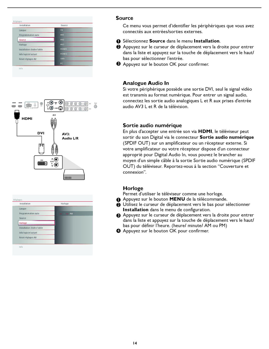 Magnavox 32MF337B user manual Source, Analogue Audio, Sortie audio numérique, Horloge 