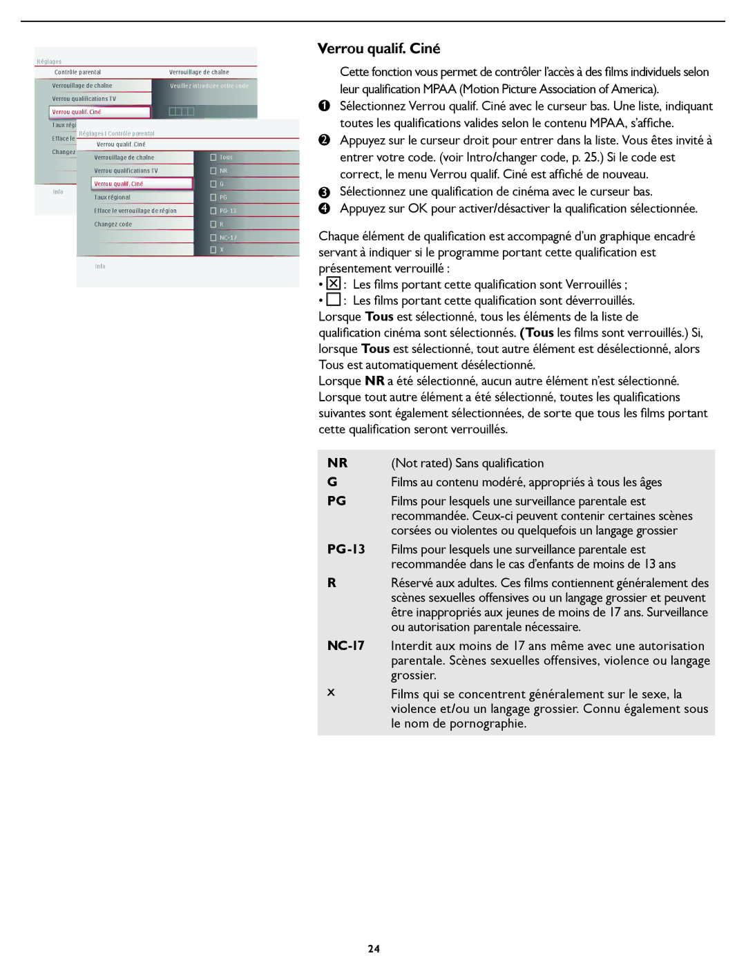 Magnavox 32MF337B user manual Verrou qualif. Ciné, PG-13 