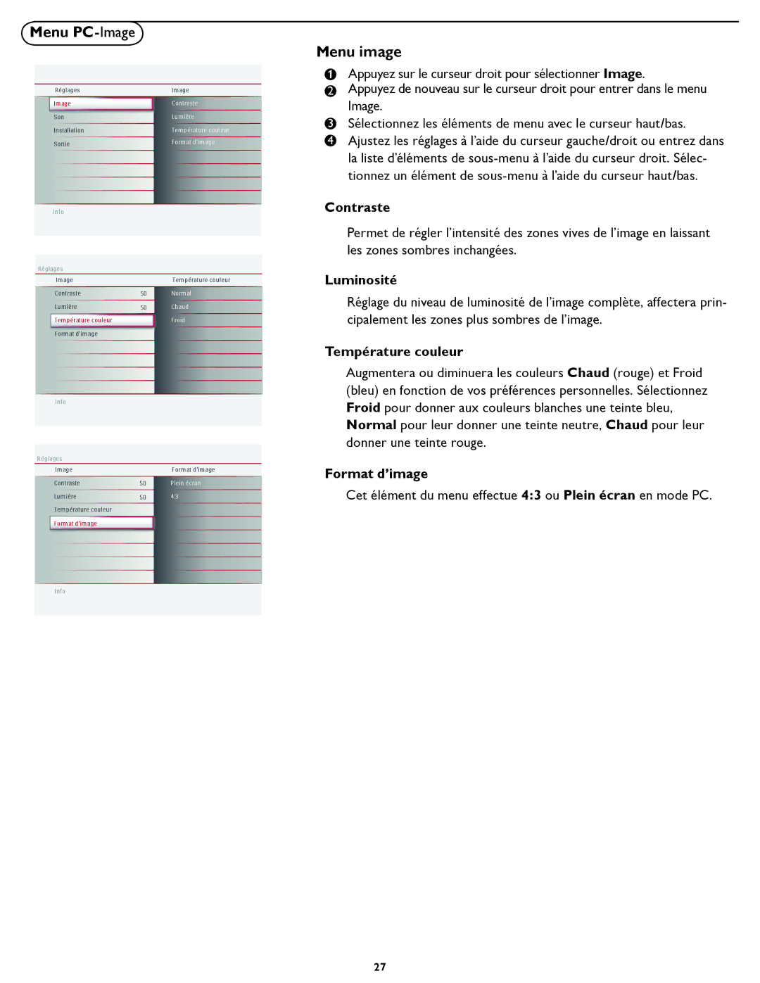 Magnavox 32MF337B user manual Menu PC-Image Menu image, Appuyez sur le curseur droit pour sélectionner Image 