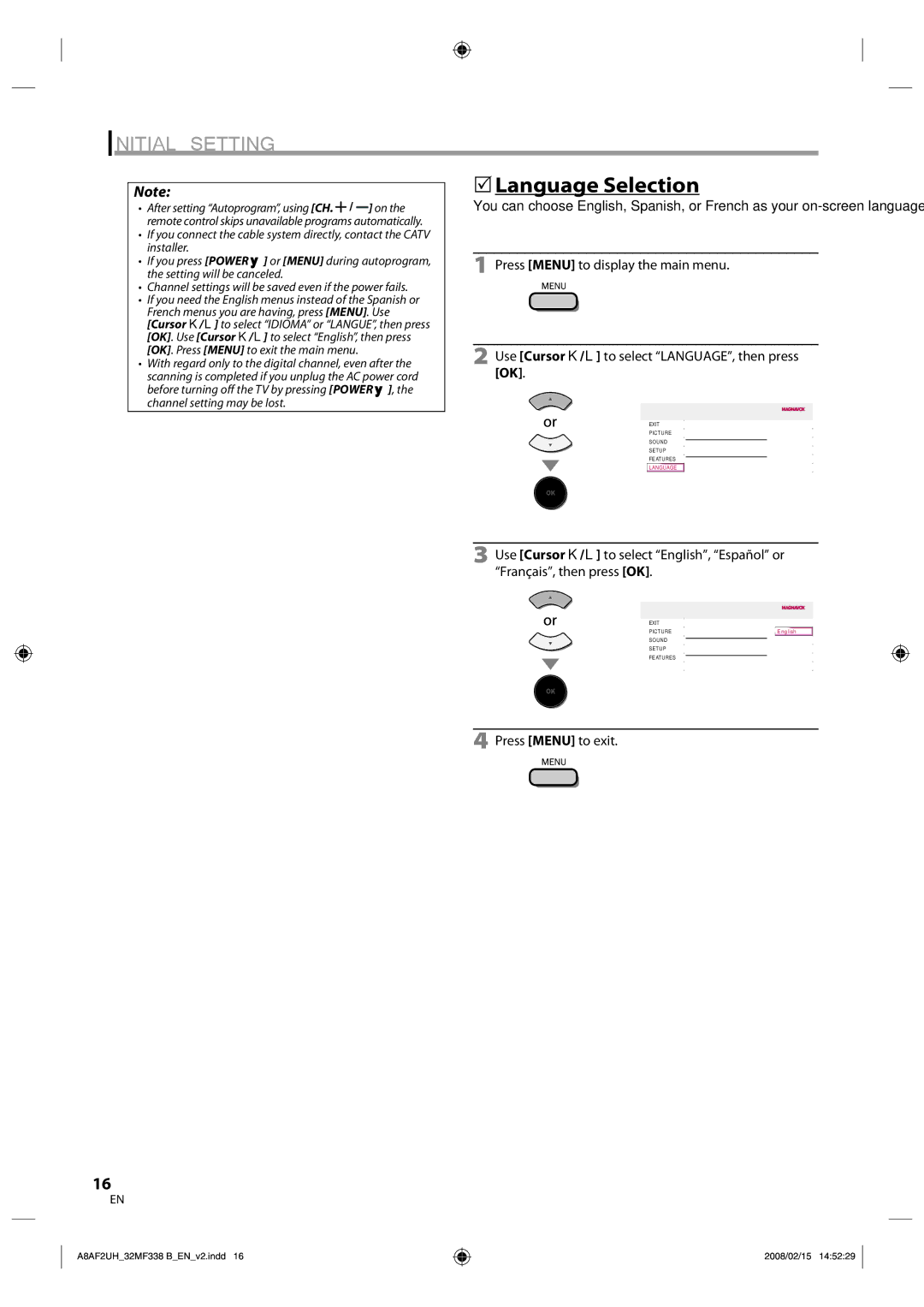 Magnavox 32MF338B user manual 5Language Selection, Press Menu to exit 