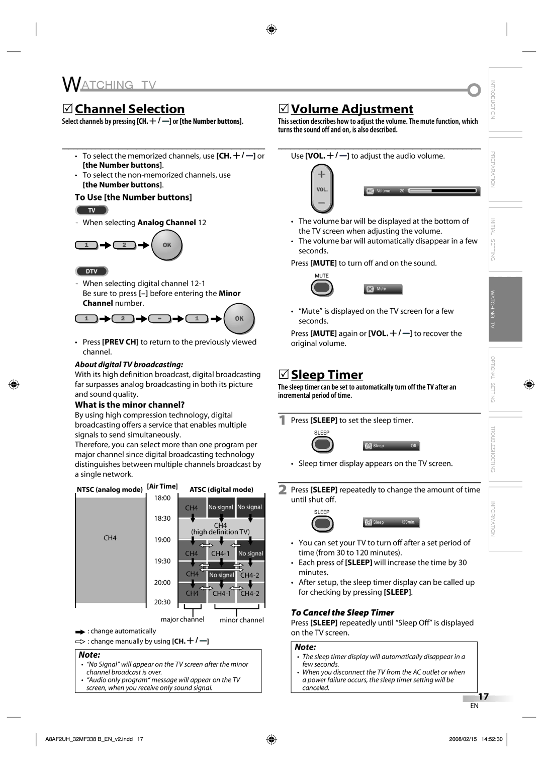 Magnavox 32MF338B user manual Watching TV, 5Channel Selection, 5Volume Adjustment, To Cancel the Sleep Timer 