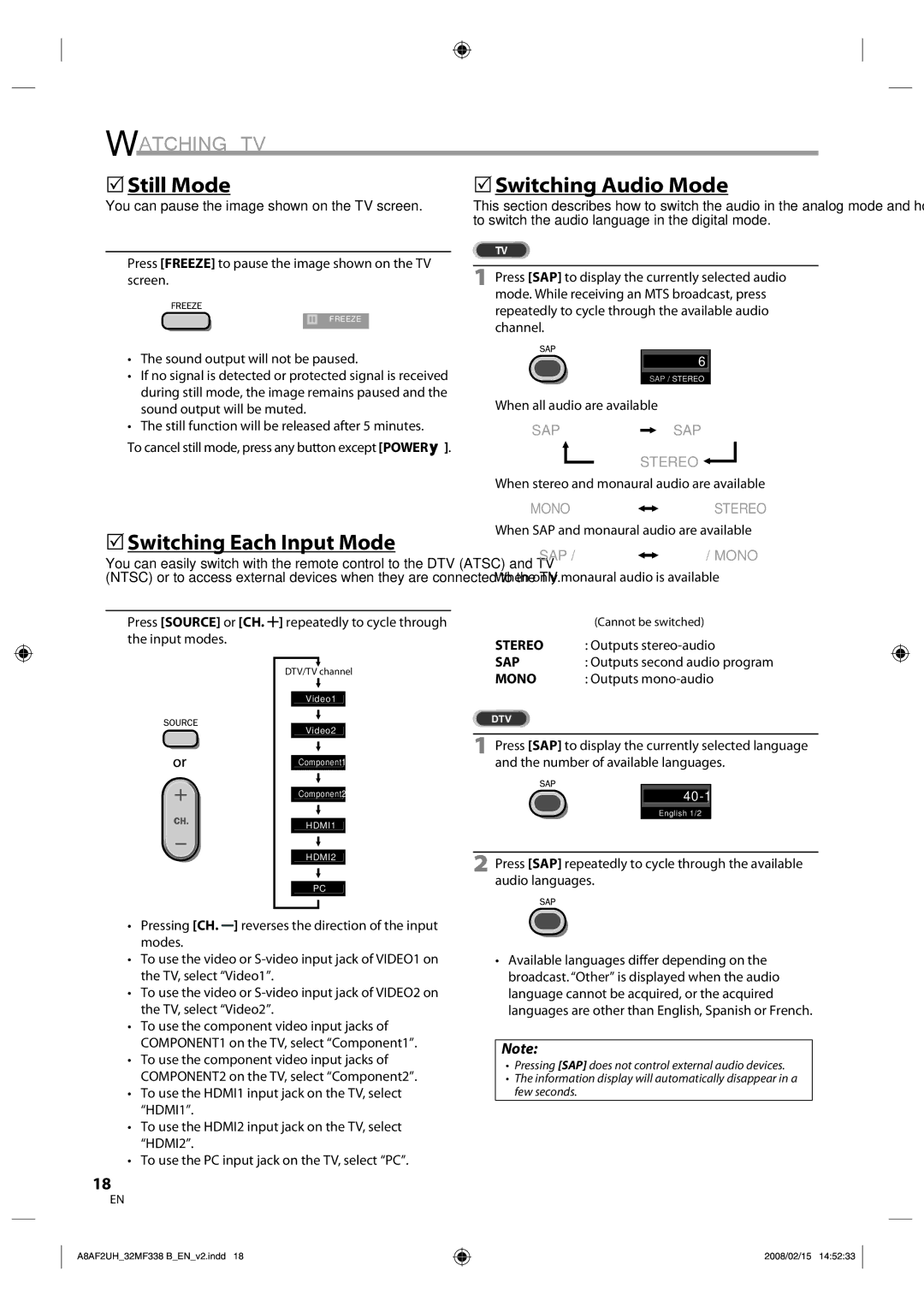 Magnavox 32MF338B user manual 5Still Mode, 5Switching Each Input Mode, 5Switching Audio Mode 