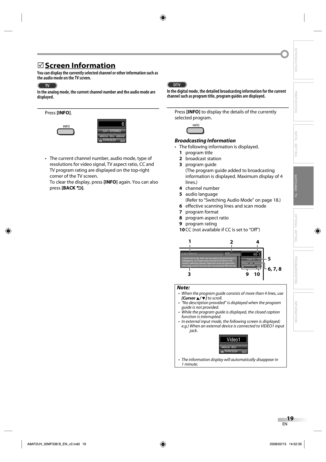 Magnavox 32MF338B user manual 5Screen Information, Broadcasting Information, Press Info 