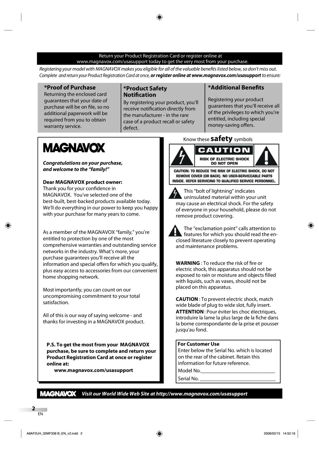 Magnavox 32MF338B user manual Notification, For Customer Use 