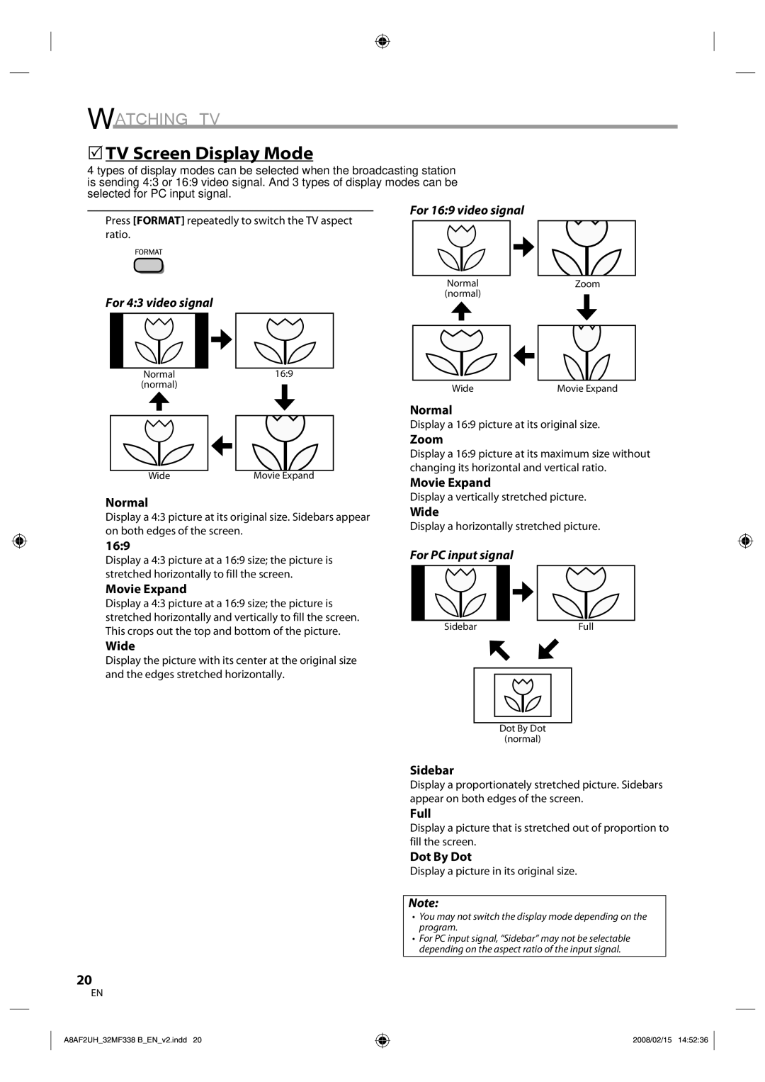 Magnavox 32MF338B user manual 5TV Screen Display Mode, For 169 video signal, For 43 video signal 