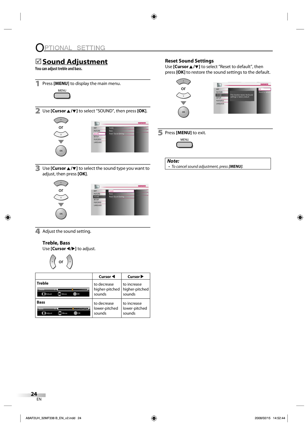 Magnavox 32MF338B user manual 5Sound Adjustment, Reset Sound Settings, Treble, Bass, You can adjust treble and bass 