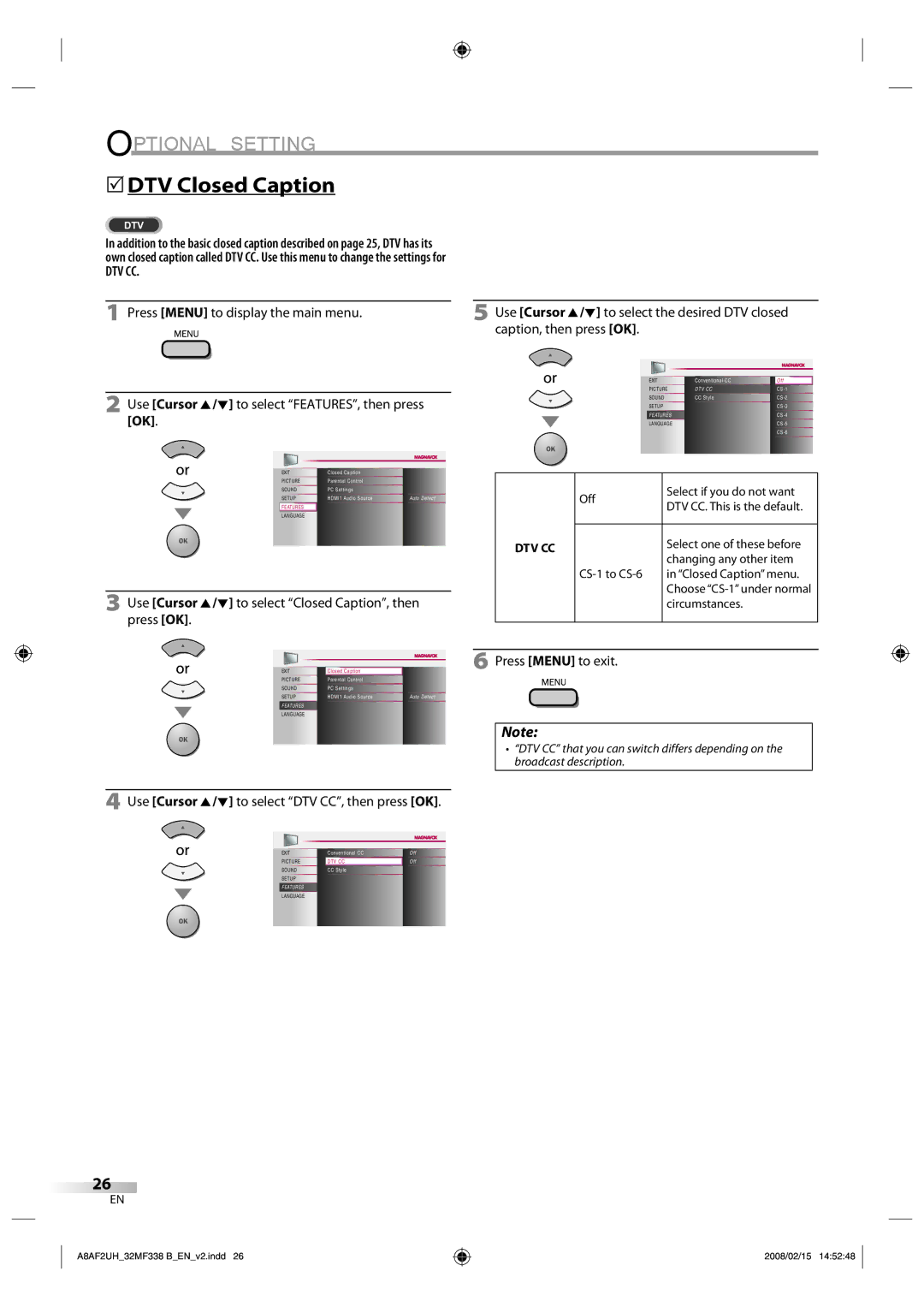 Magnavox 32MF338B user manual 5DTV Closed Caption, Dtv Cc, Use Cursor K/L to select DTV CC, then press OK 