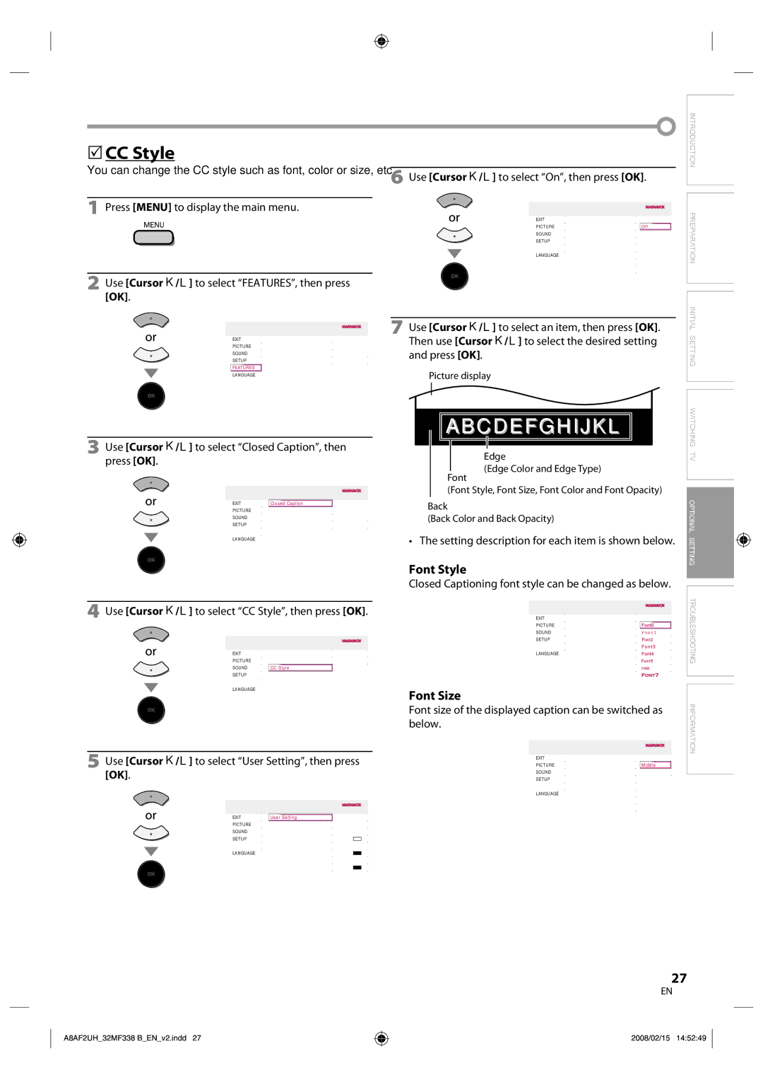 Magnavox 32MF338B user manual 5CC Style, Font Style, Font Size 