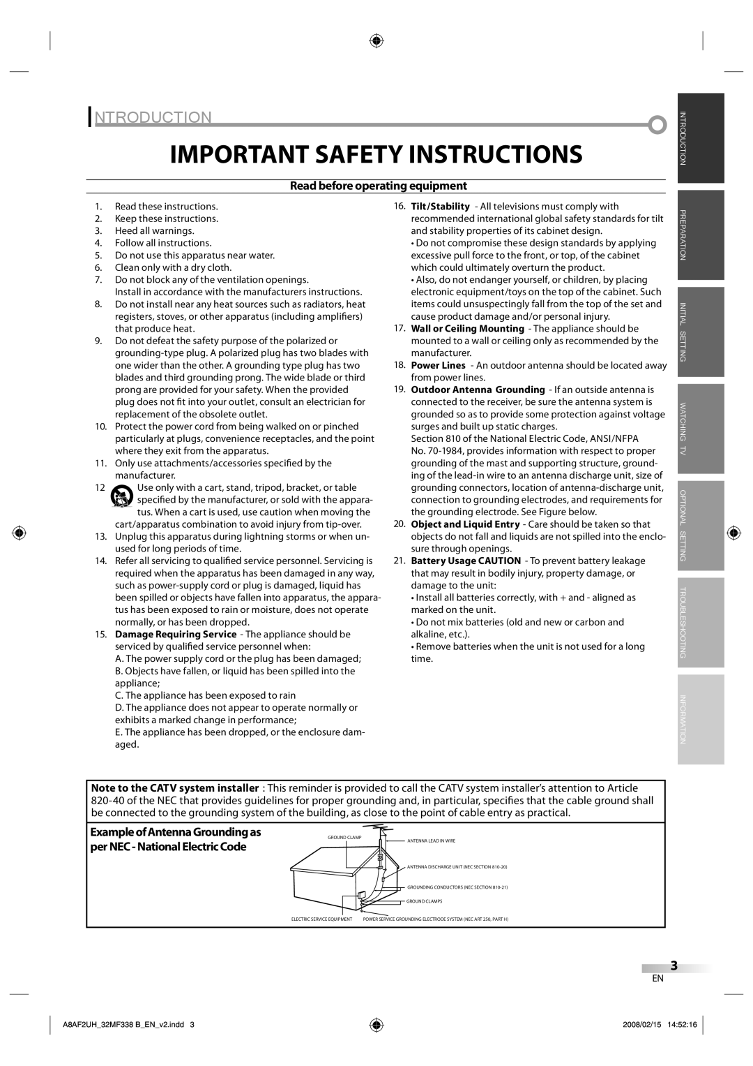 Magnavox 32MF338B user manual Introduction, Read before operating equipment 