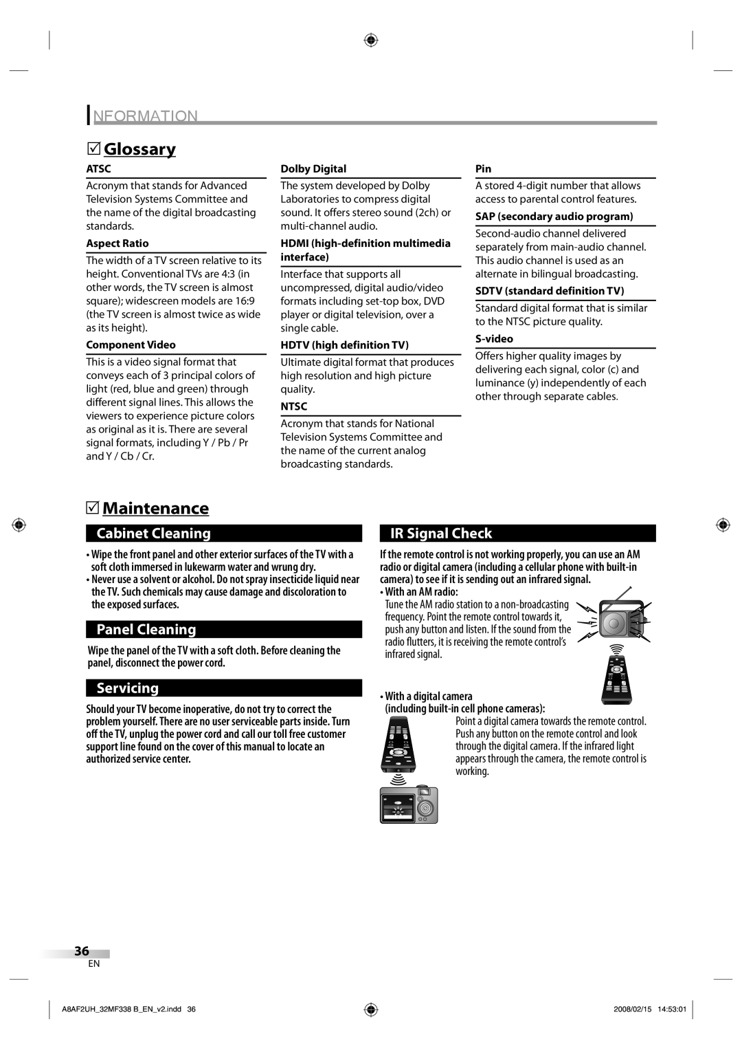 Magnavox 32MF338B user manual Information, Glossary, Maintenance, With an AM radio 