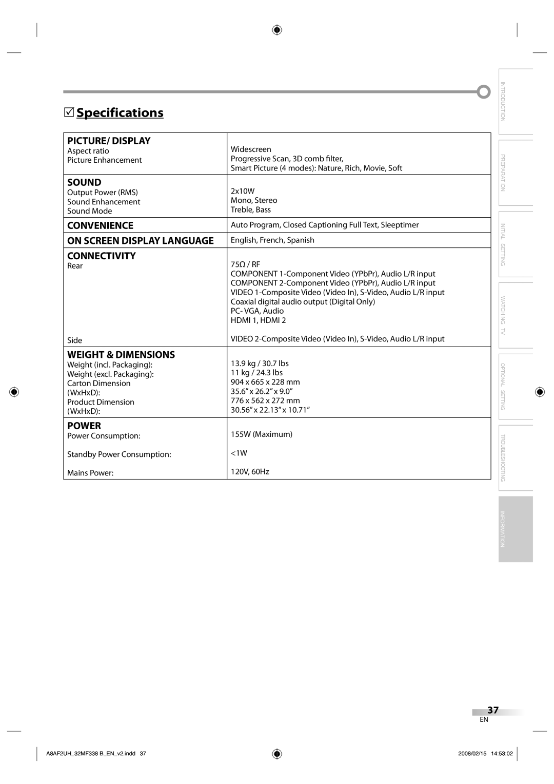 Magnavox 32MF338B user manual 5Specifications 