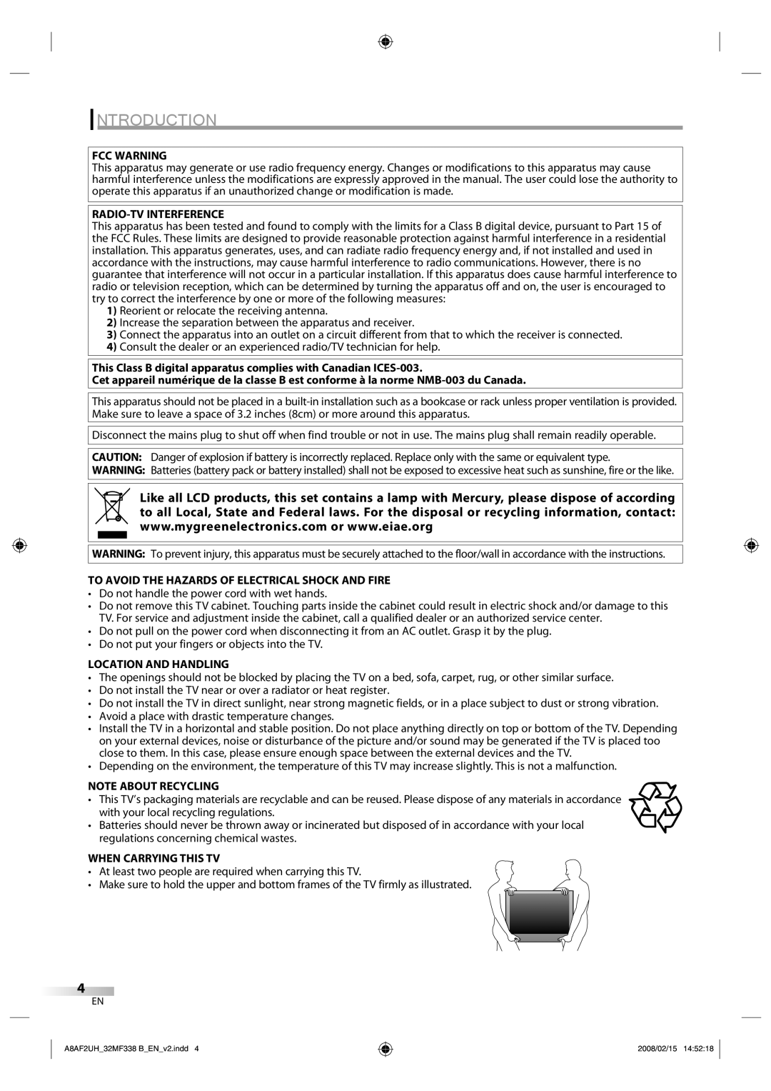 Magnavox 32MF338B user manual FCC Warning, RADIO-TV Interference, To Avoid the Hazards of Electrical Shock and Fire 