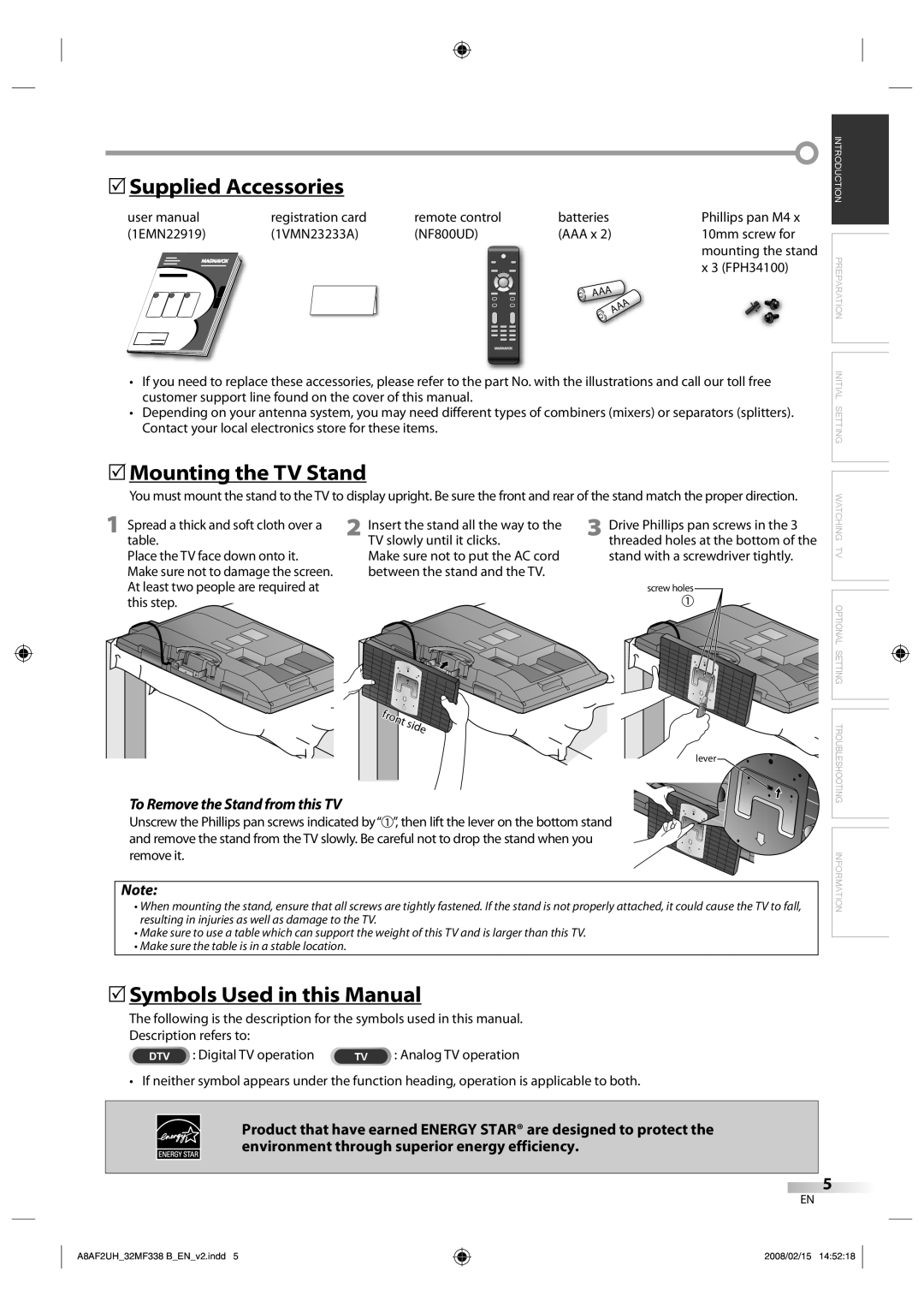 Magnavox 32MF338B user manual 5Supplied Accessories, 5Mounting the TV Stand, 5Symbols Used in this Manual 